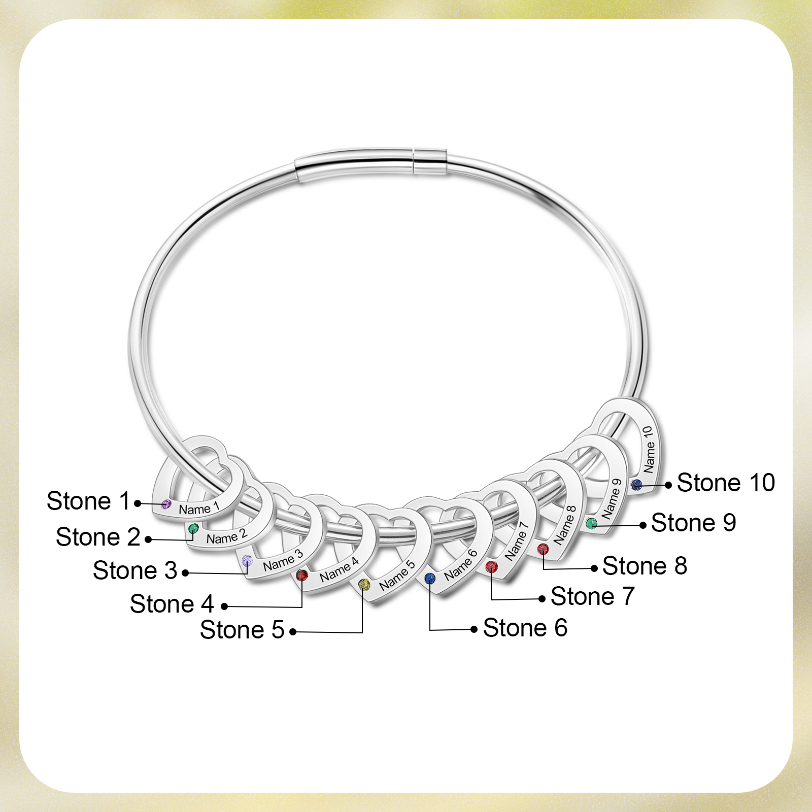 Personalised Heart Bracelet With 10 Birthstones Engraved 10 Names Bracelet Gift For Women-Jessemade AU