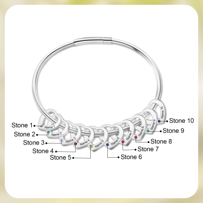 Personalised Heart Bracelet With 10 Birthstones Engraved 10 Names Bracelet Gift For Women-Jessemade AU