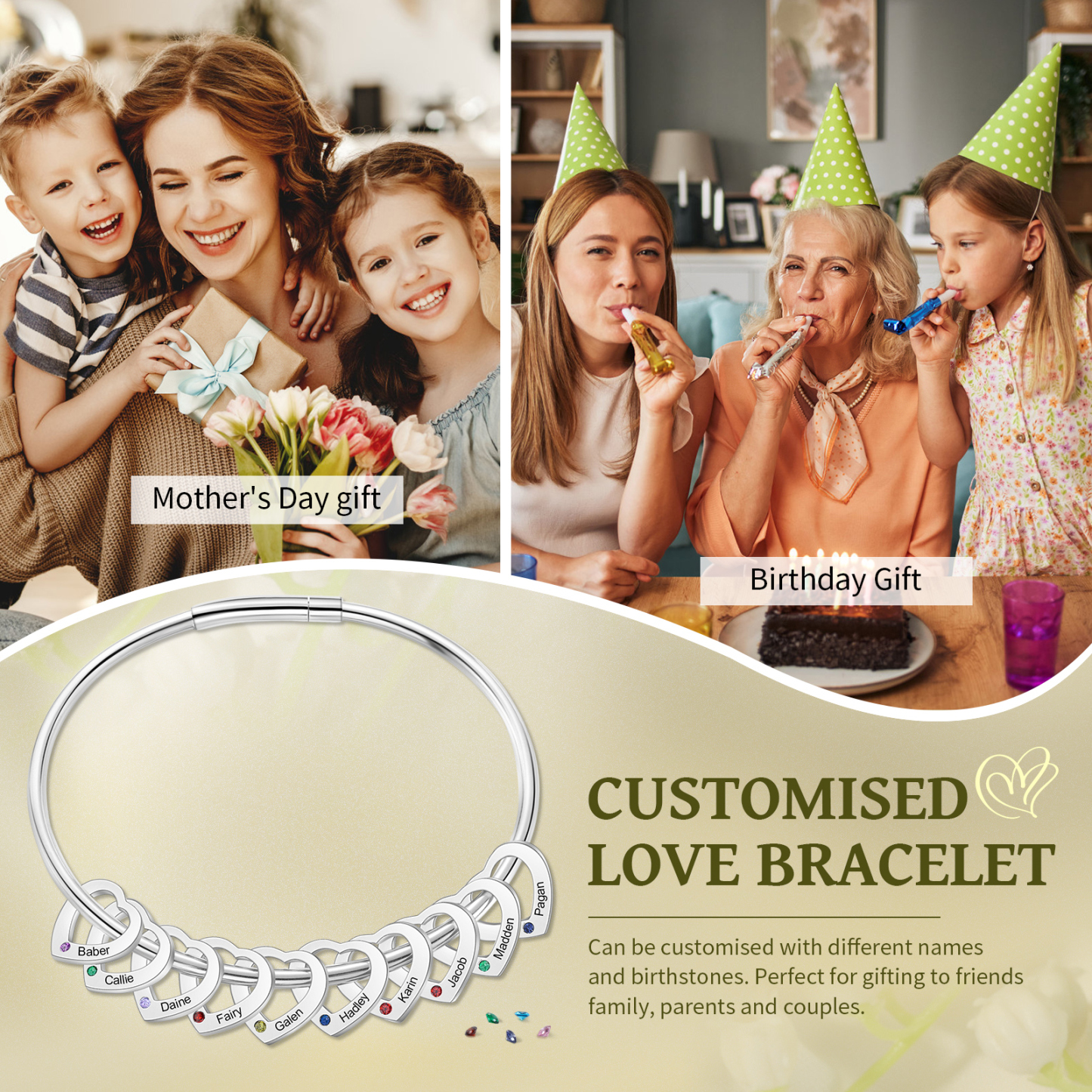 Personalised Heart Bracelet With 10 Birthstones Engraved 10 Names Bracelet Gift For Women-Jessemade AU