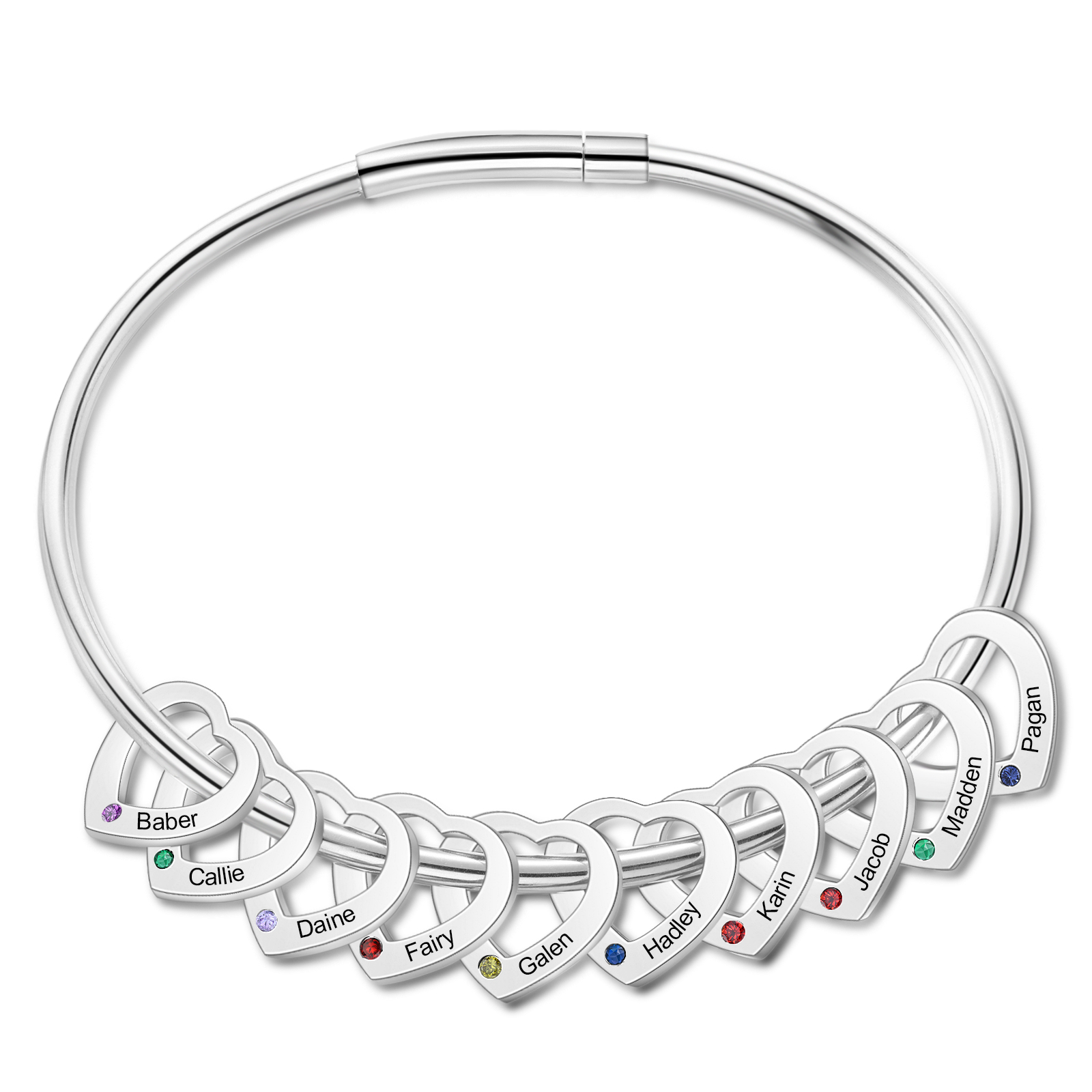 Personalised Heart Bracelet With 10 Birthstones Engraved 10 Names Bracelet Gift For Women-Jessemade AU