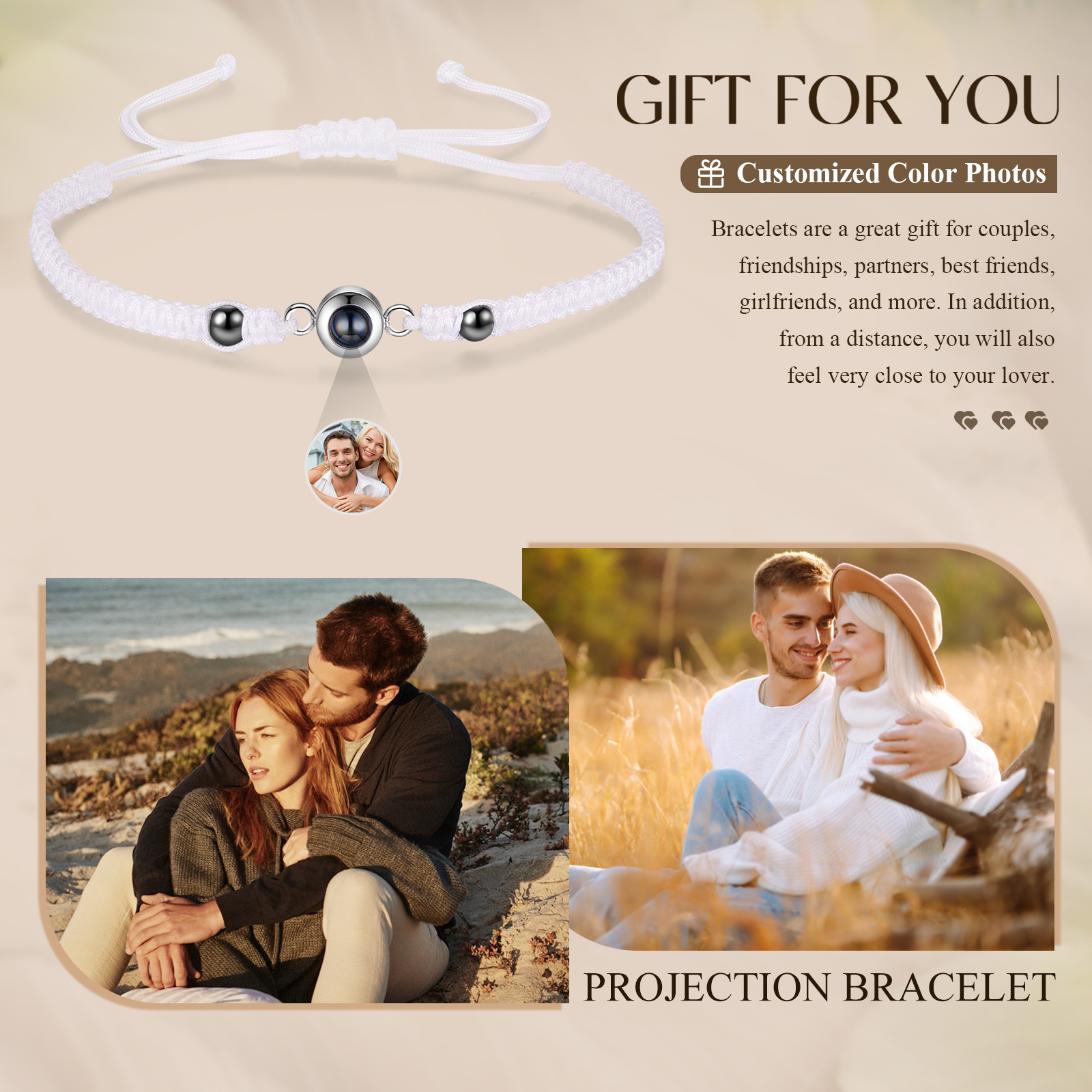 Personalised Projection Bracelet for Couples Custom Photo Bead Adjustable Bracelet 4 Styles Thoughtful Gift for Loved Ones