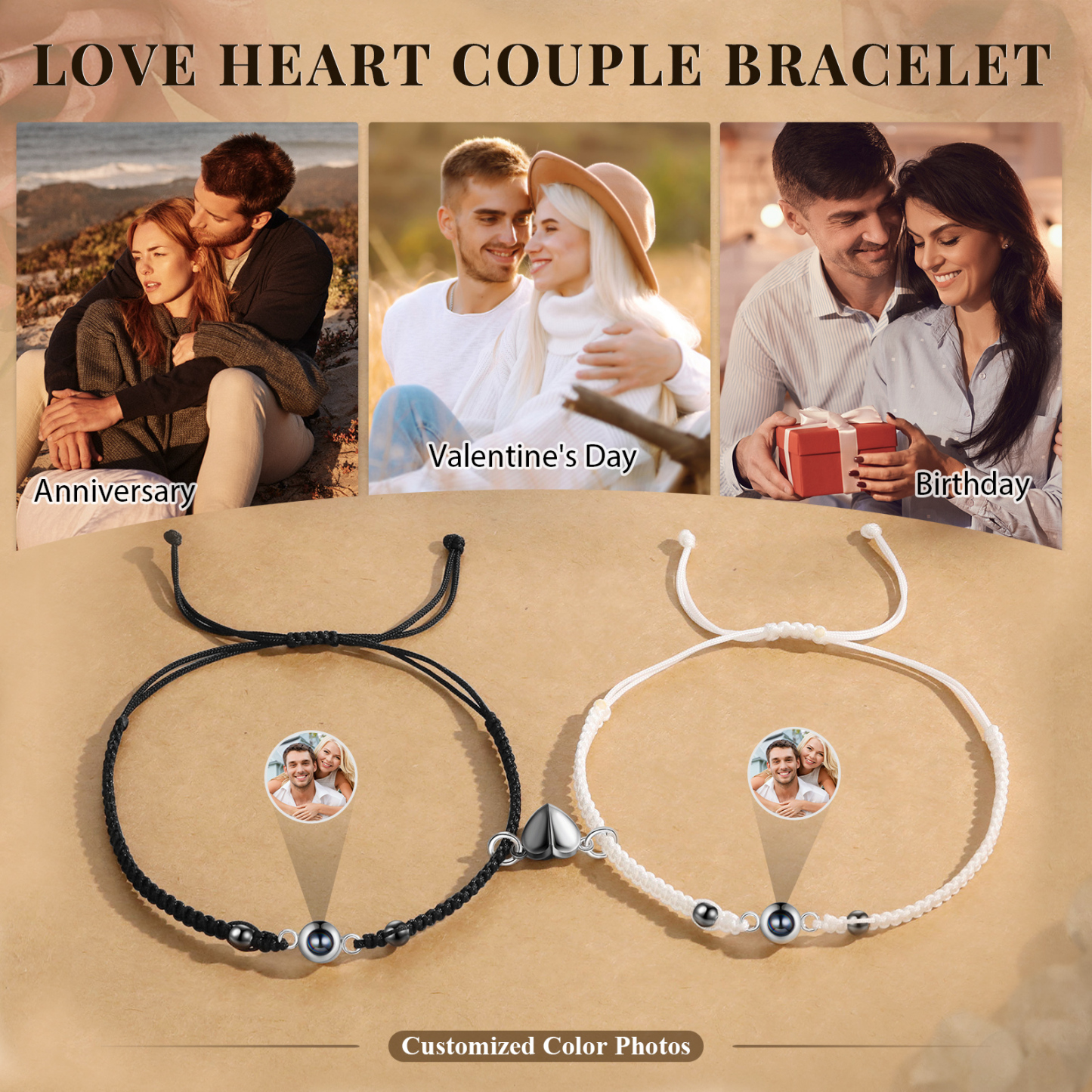 Personalised Projection Bracelet for Couples Custom Photo Bead Adjustable Bracelet 4 Styles Thoughtful Gift for Loved Ones