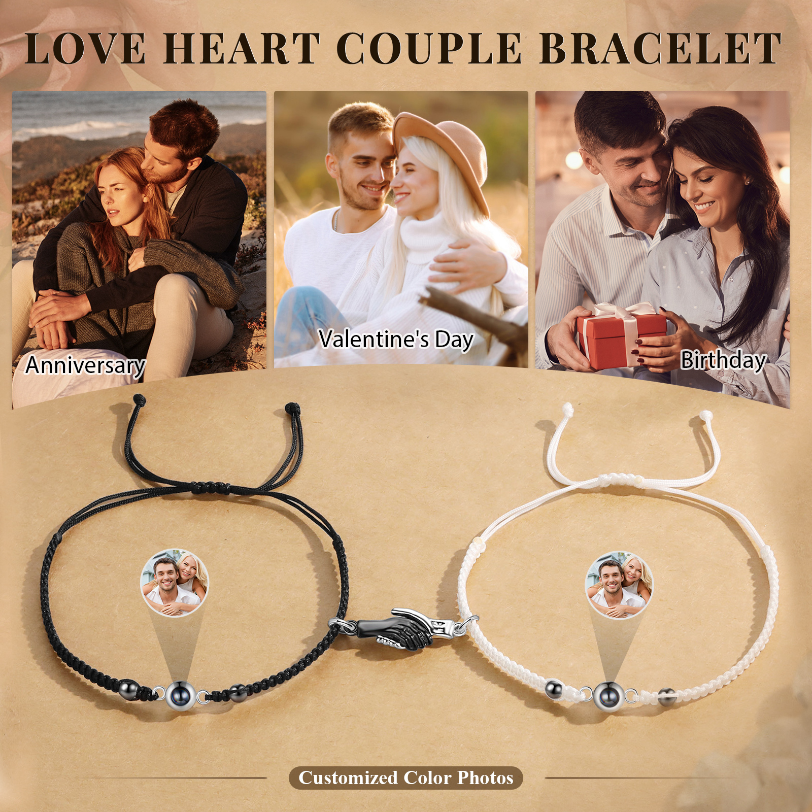 Personalised Projection Bracelet for Couples Custom Photo Bead Adjustable Bracelet 4 Styles Thoughtful Gift for Loved Ones