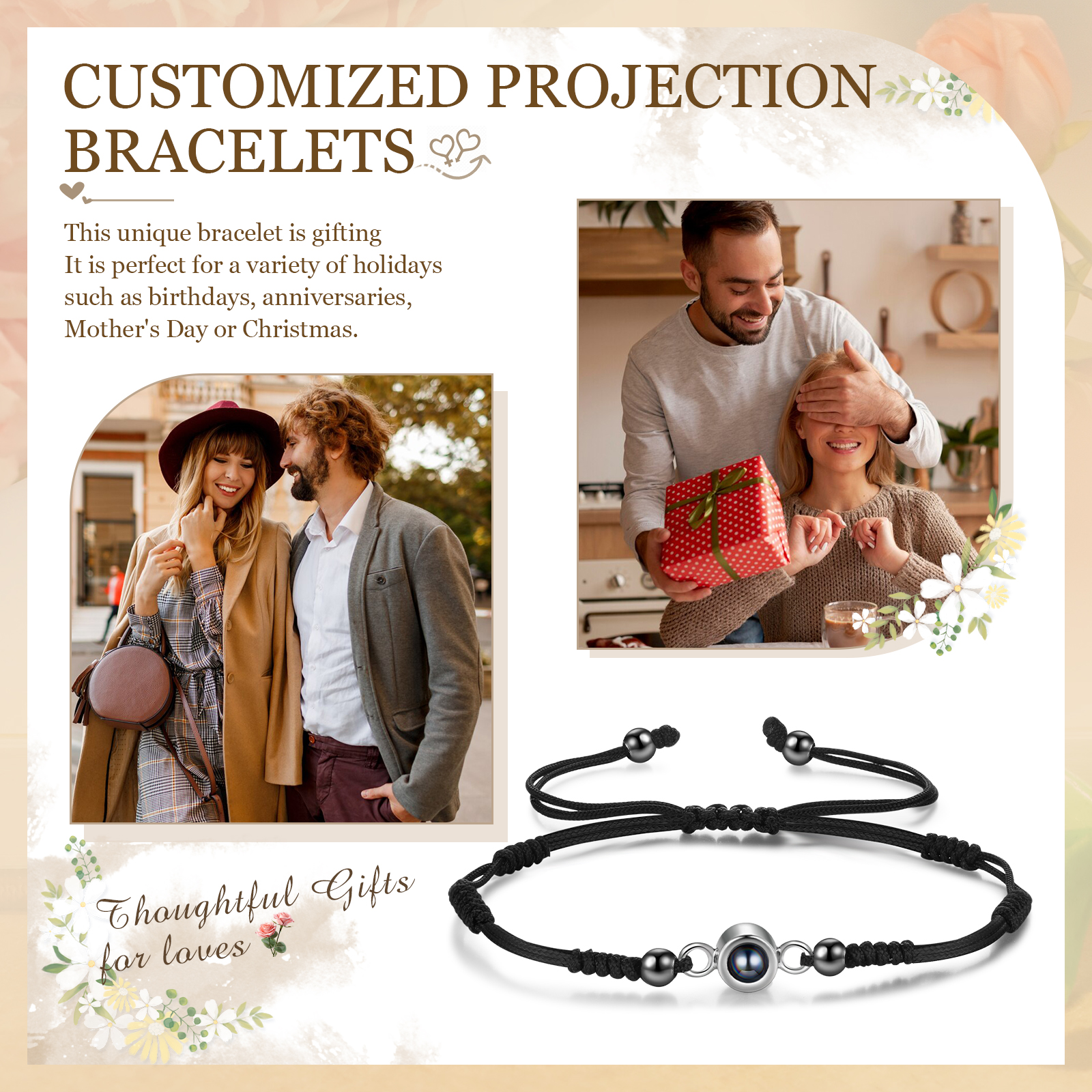 Personalised Projection Bracelet with Custom Photo Adjustable String Bracelet Gift for Her