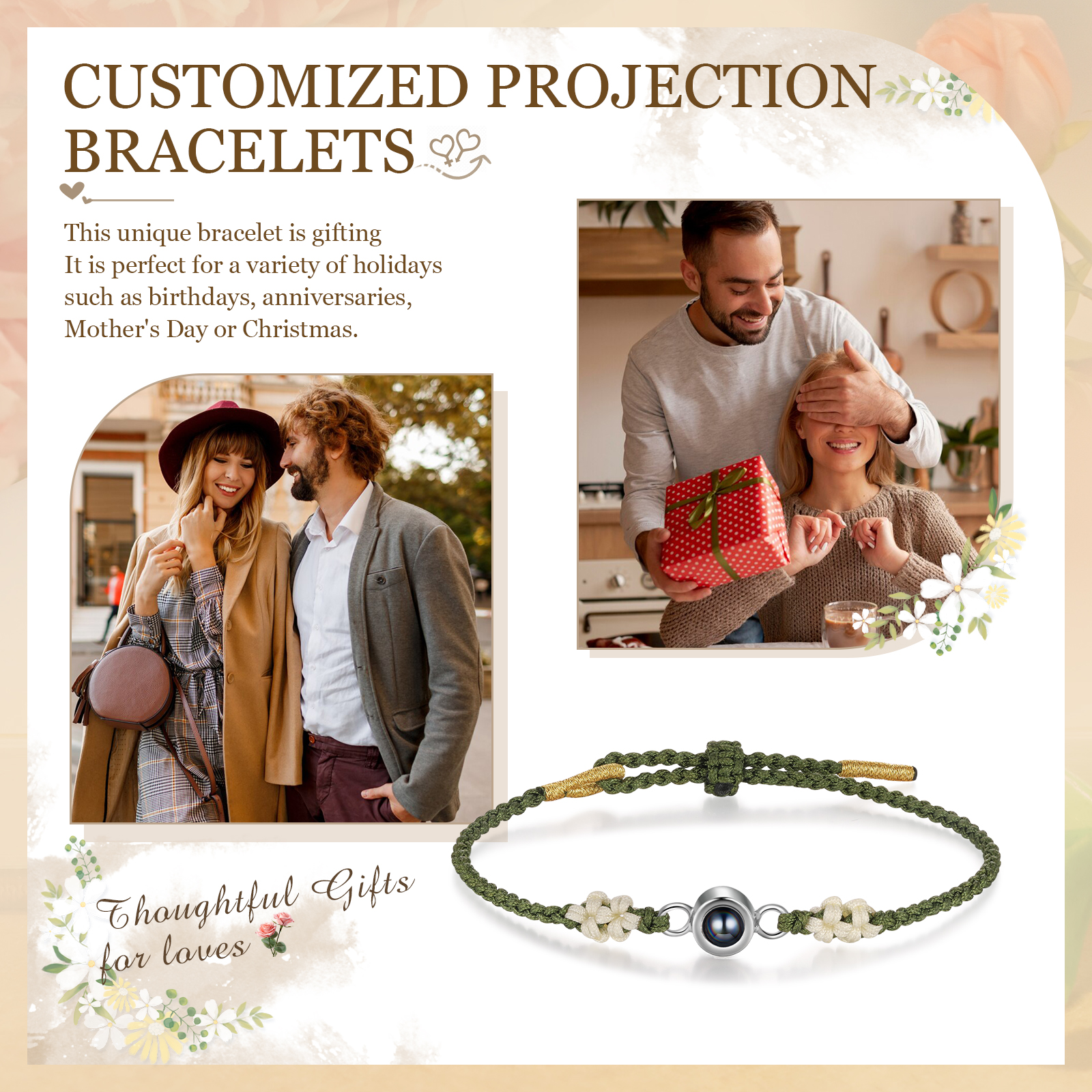 Personalised Projection Green Braid Women Bracelet with 1 Photo Unique Gift for her-Jessemade AU