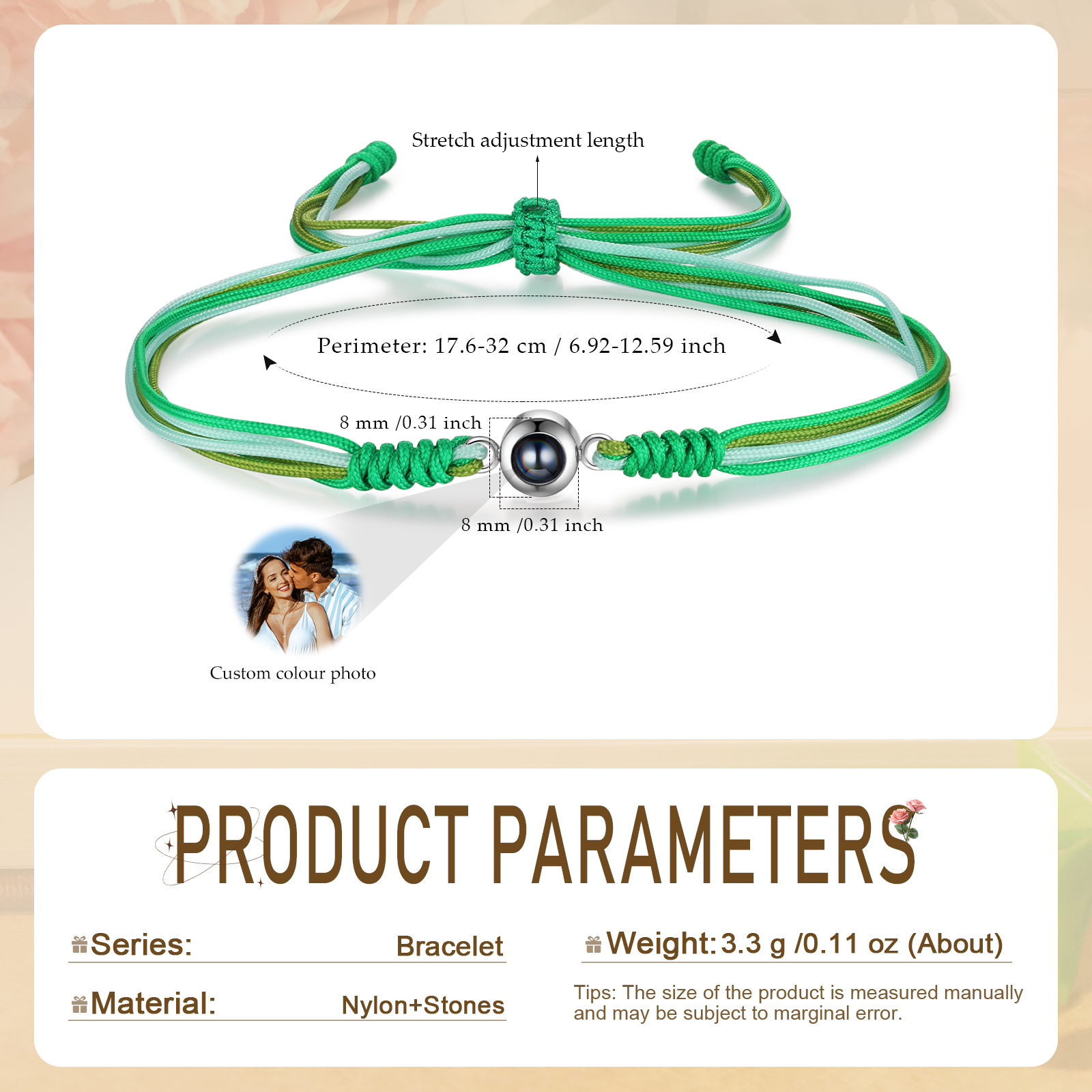 Personalised Projection Green Bracelet with Custom Photo Adjustable String Bracelet Gift for Her