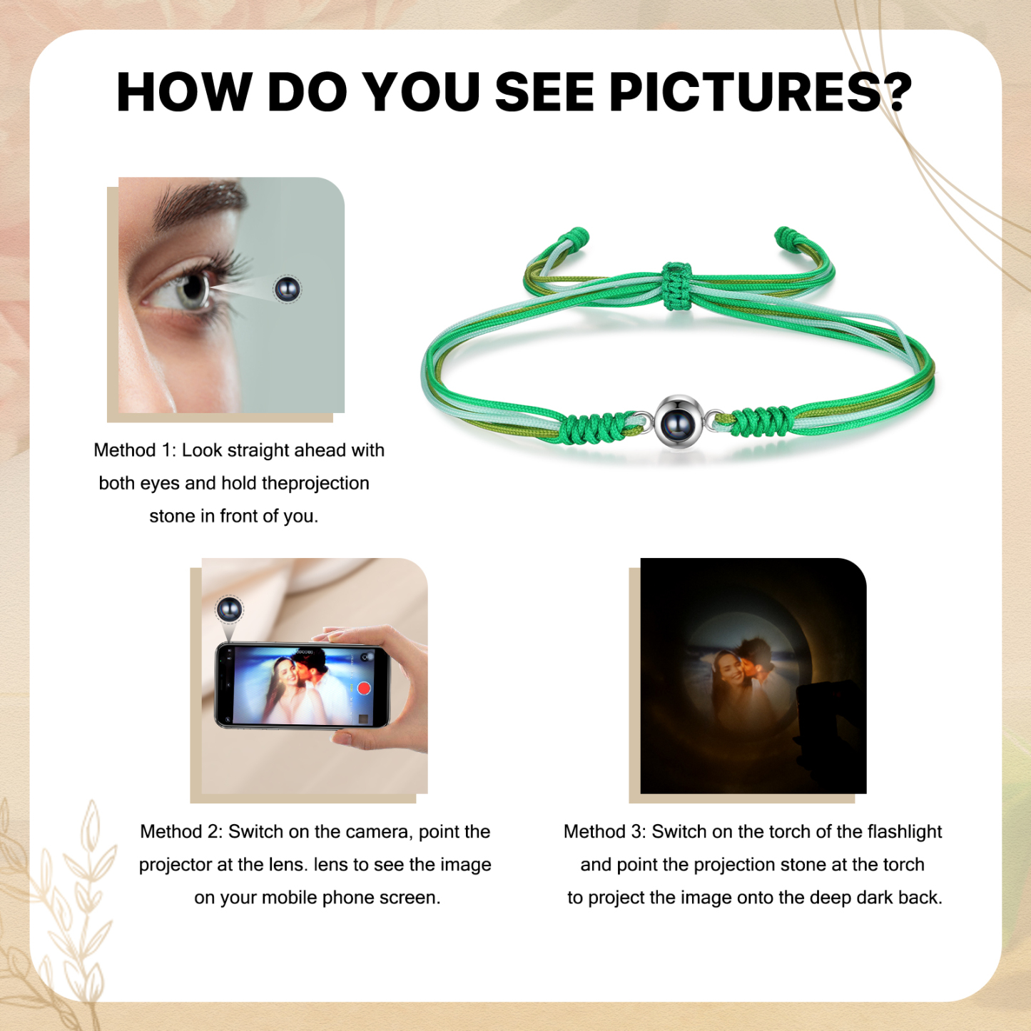 Personalised Projection Green Bracelet with Custom Photo Adjustable String Bracelet Gift for Her