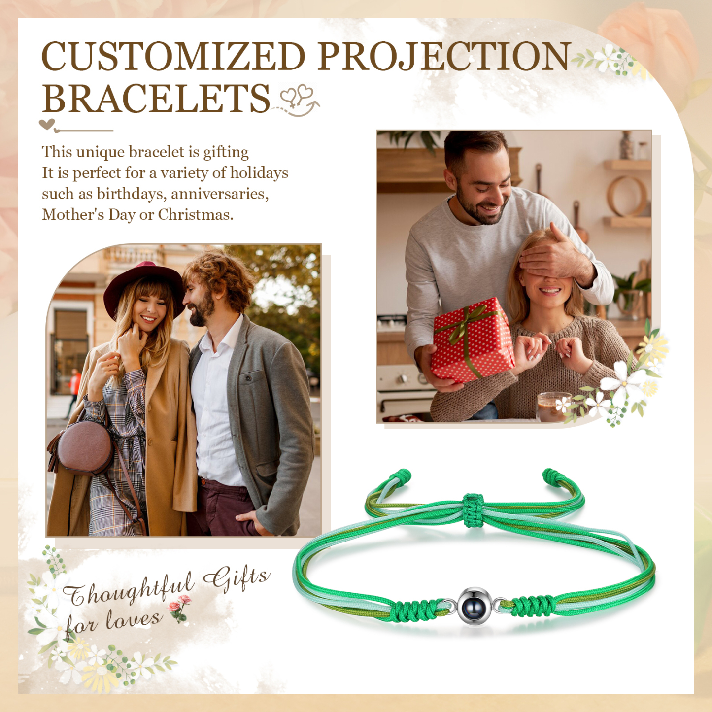 Personalised Projection Green Bracelet with Custom Photo Adjustable String Bracelet Gift for Her