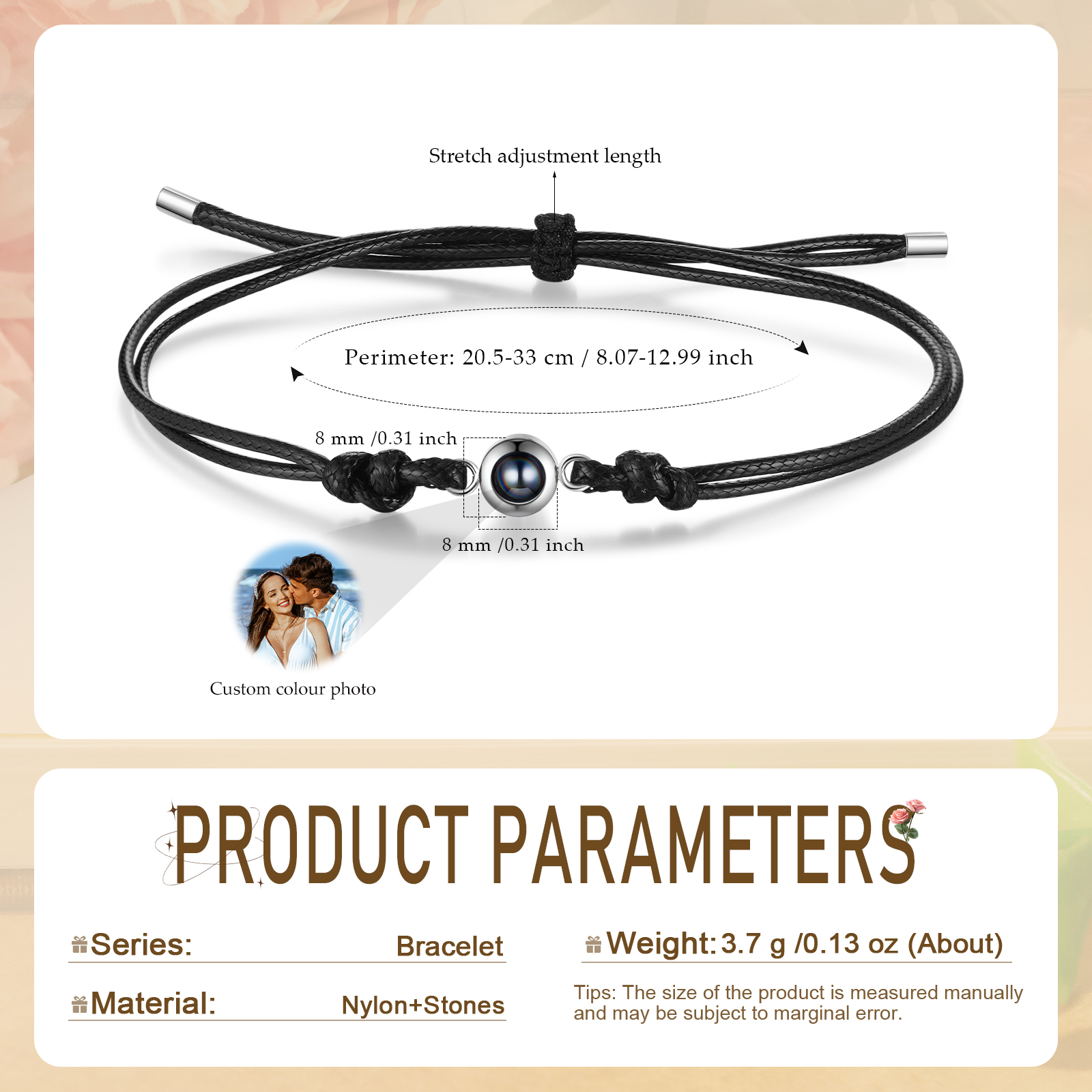 Personalised Projection Bracelet with 1 Photo Adjustable Leather & String Bracelet Custom Gift for Her