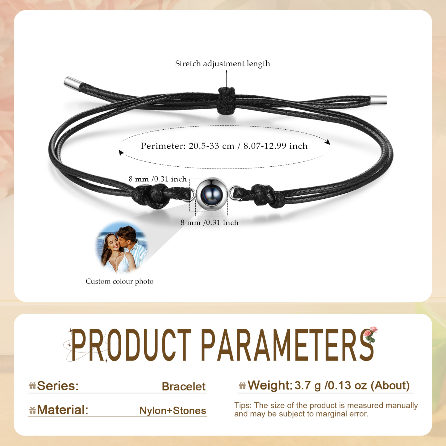 Personalised Projection Bracelet with 1 Photo Adjustable Leather & String Bracelet Custom Gift for Her