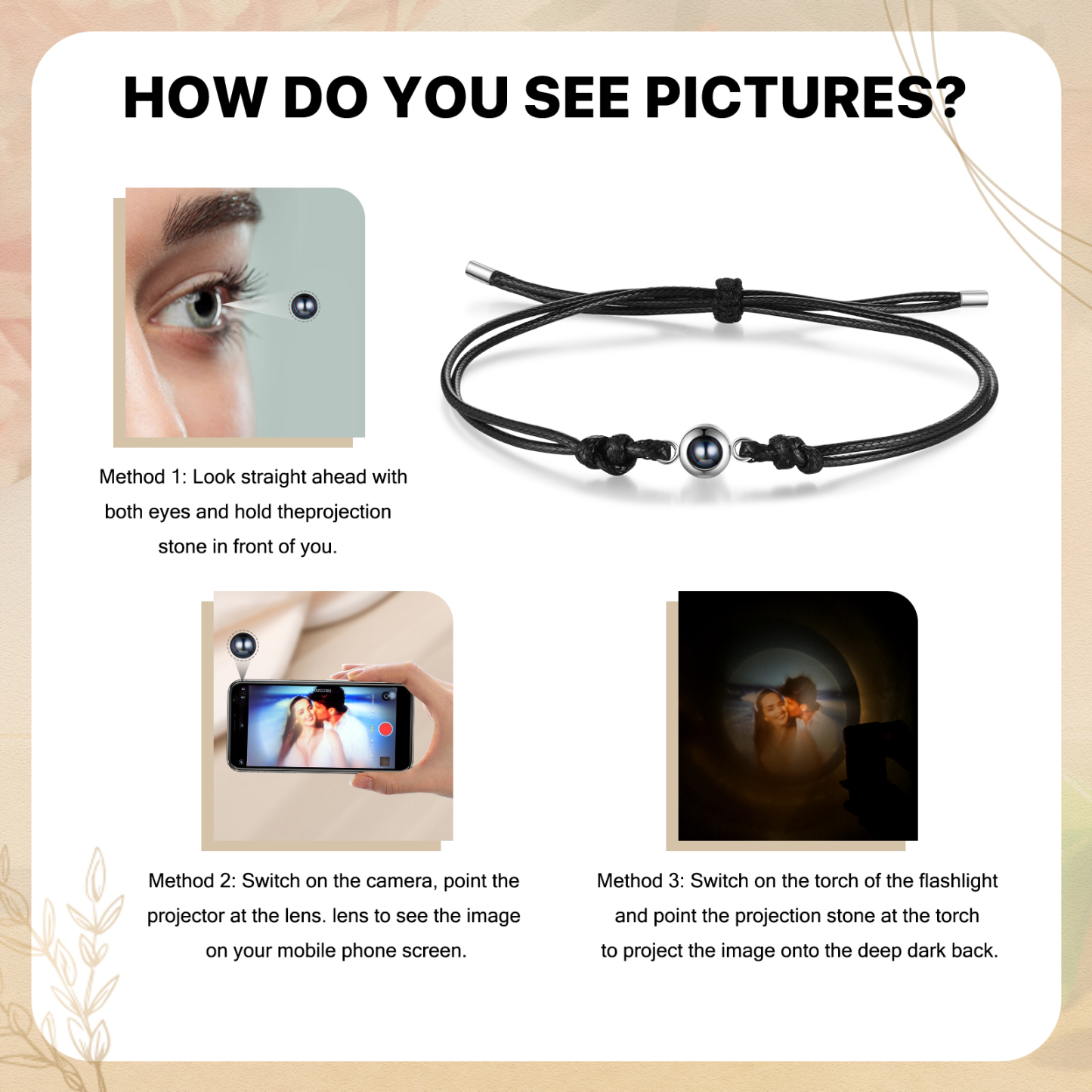 Personalised Projection Bracelet with 1 Photo Adjustable Leather & String Bracelet Custom Gift for Her