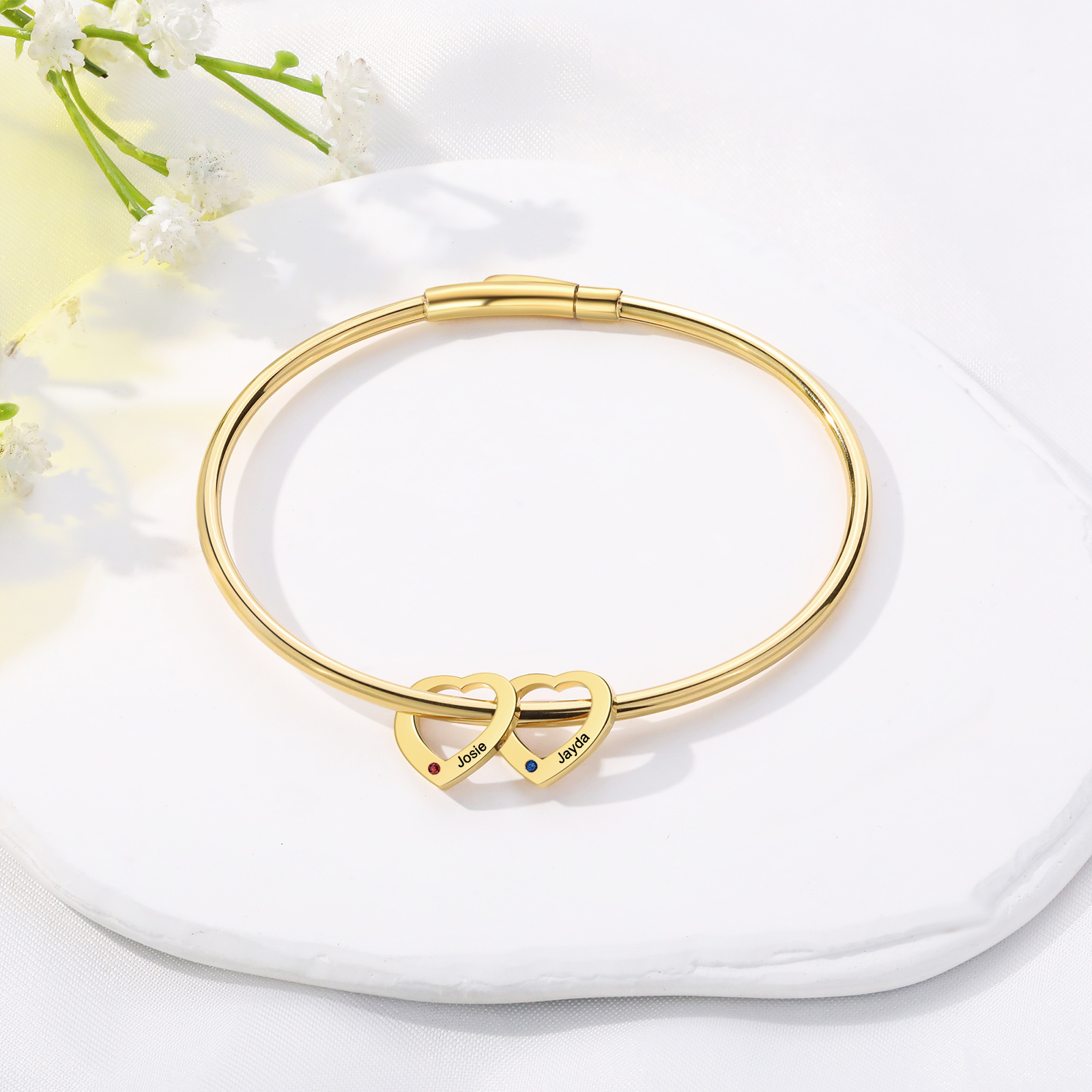 Personalised Heart Bracelet With 2 Birthstones Engraved Names Bracelet Gift For Women-Jessemade AU
