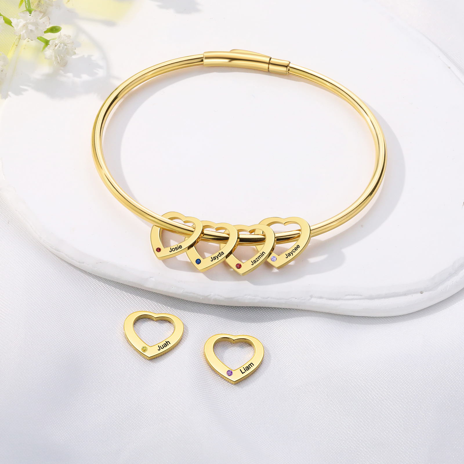 Personalised Heart Bracelet With 5 Birthstones Engraved Names Bracelet Gift For Women-Jessemade AU