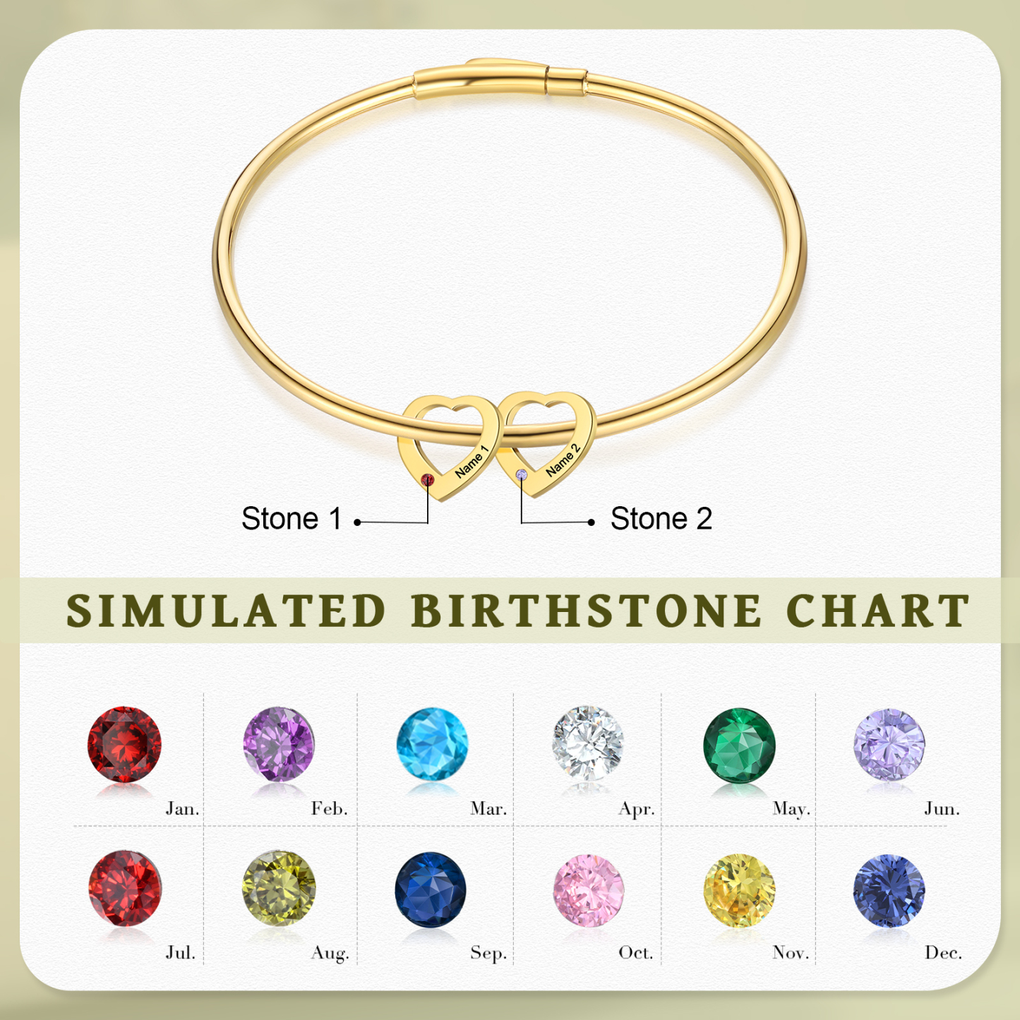 Personalised Heart Bracelet With 2 Birthstones Engraved Names Bracelet Gift For Women-Jessemade AU
