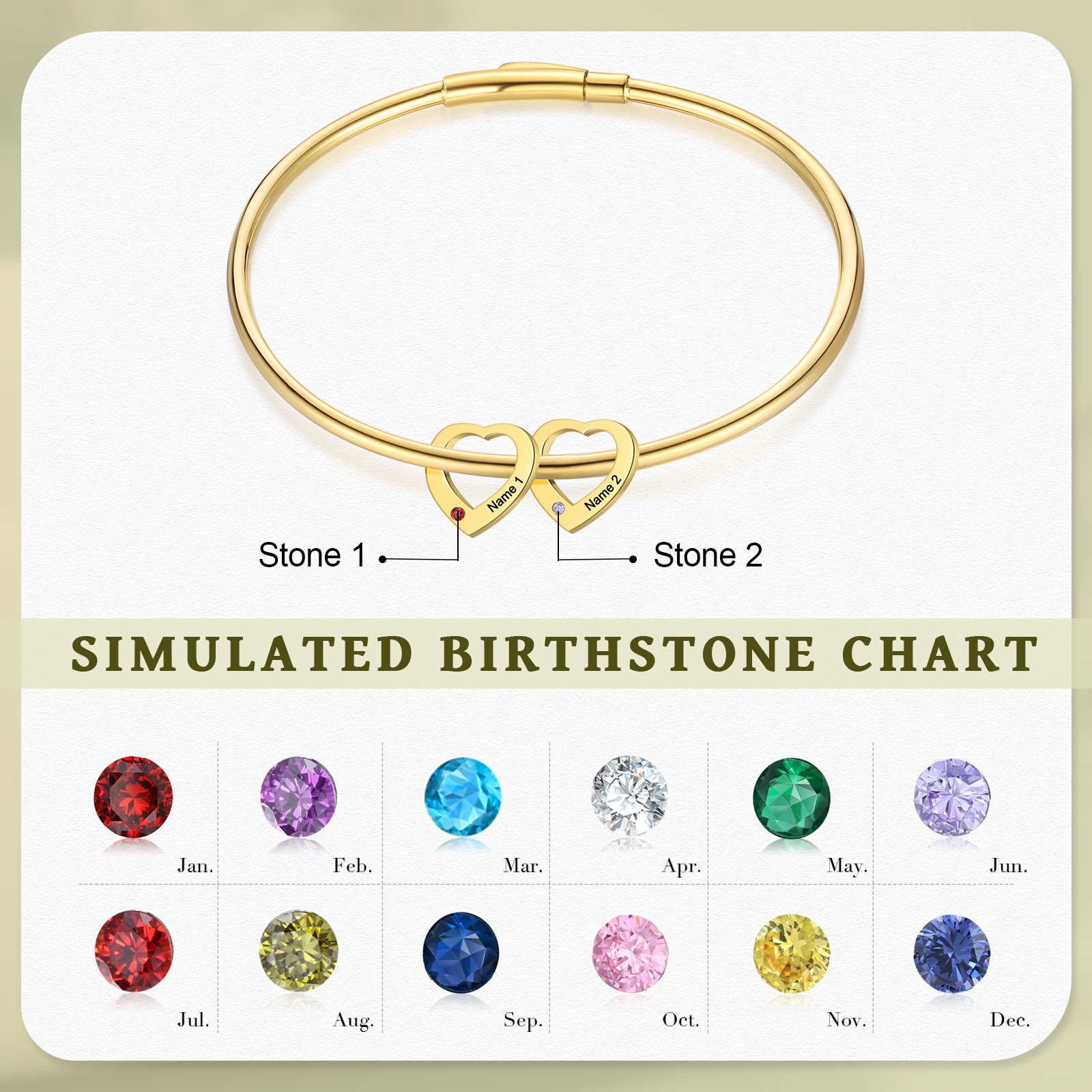 Personalised Heart Bracelet With 2 Birthstones Engraved Names Bracelet Gift For Women-Jessemade AU