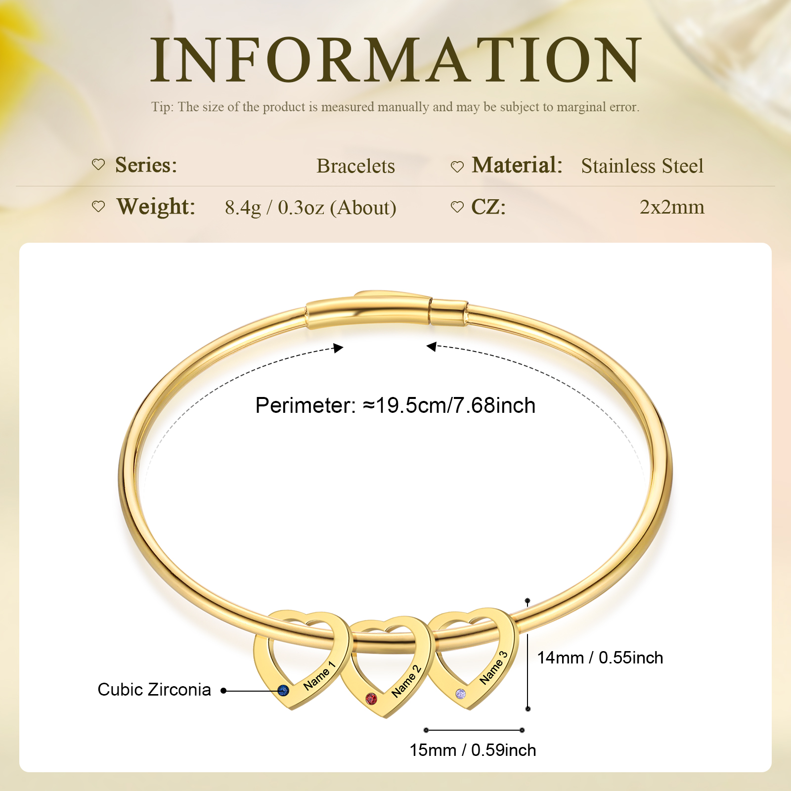 Personalised Heart Bracelet With 3 Birthstones Engraved Names Bracelet Gift For Women-Jessemade AU