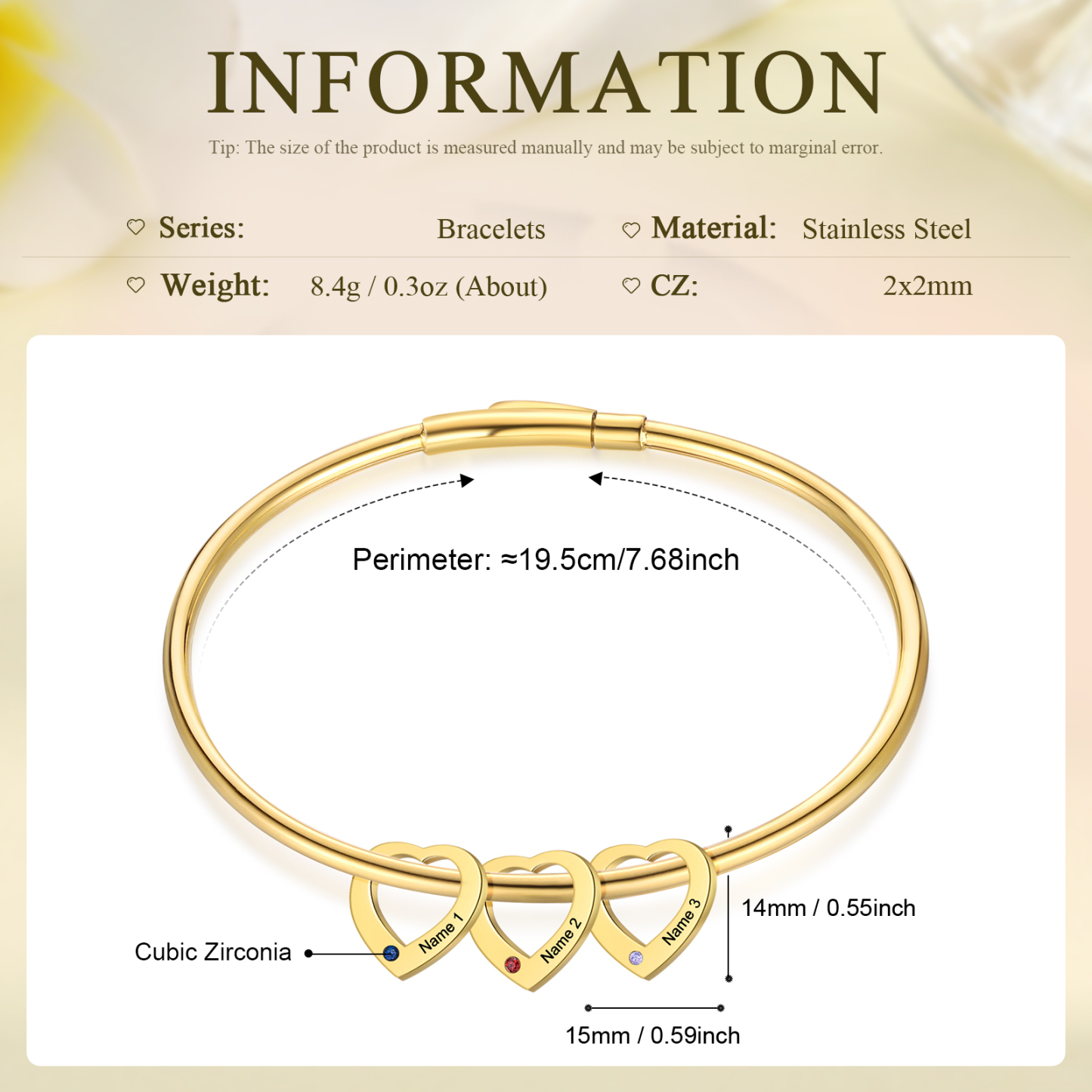 Personalised Heart Bracelet With 3 Birthstones Engraved Names Bracelet Gift For Women-Jessemade AU