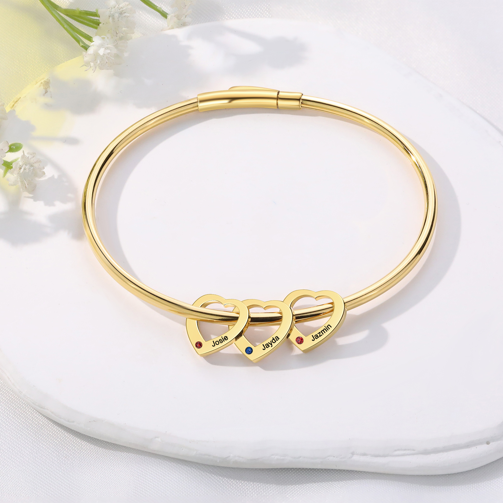 Personalised Heart Bracelet With 3 Birthstones Engraved Names Bracelet Gift For Women-Jessemade AU