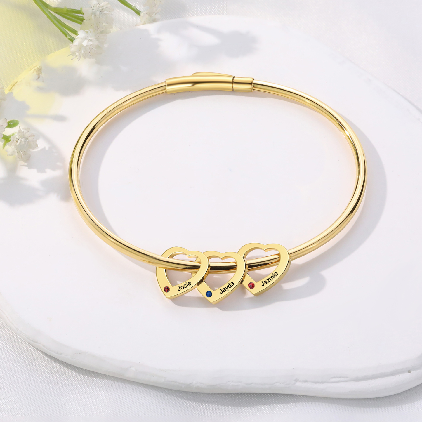 Personalised Heart Bracelet With 3 Birthstones Engraved Names Bracelet Gift For Women-Jessemade AU