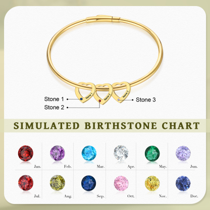 Personalised Heart Bracelet With 3 Birthstones Engraved Names Bracelet Gift For Women-Jessemade AU