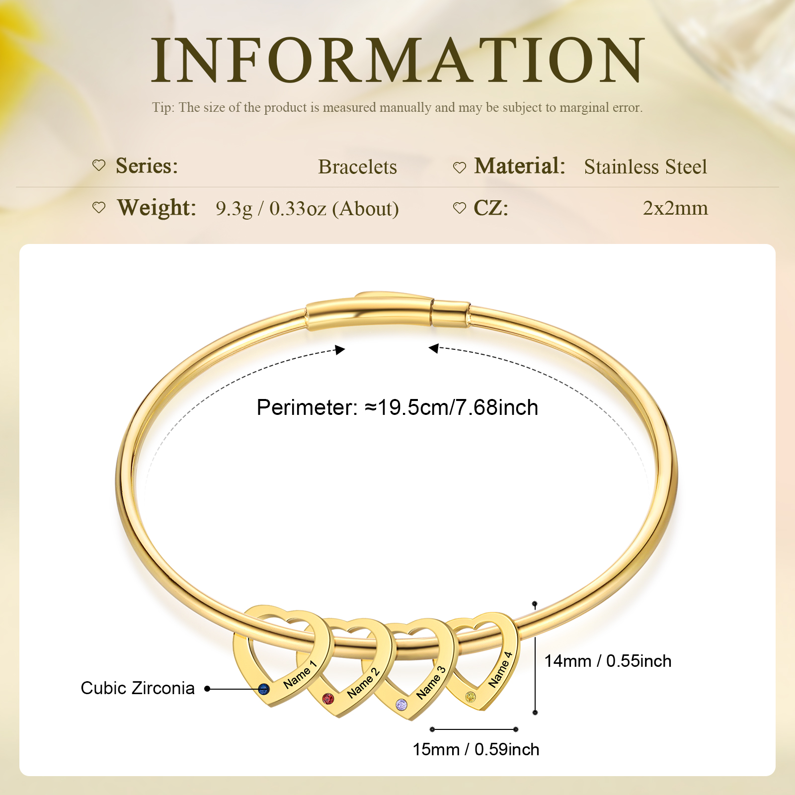 Personalised Heart Bracelet With 4 Birthstones Engraved Names Bracelet Gift For Women-Jessemade AU