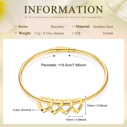 Personalised Heart Bracelet With 4 Birthstones Engraved Names Bracelet Gift For Women-Jessemade AU