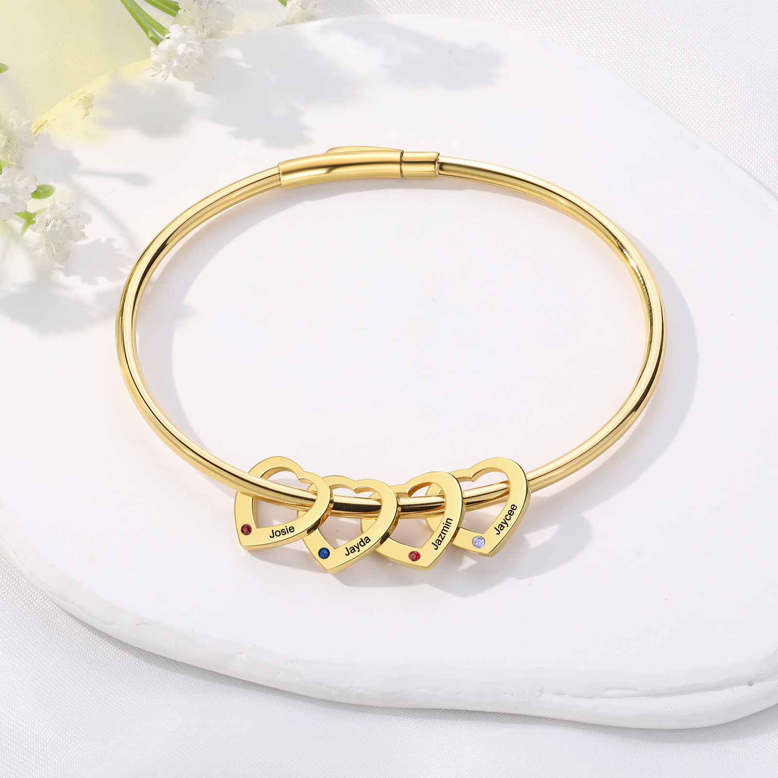 Personalised Heart Bracelet With 4 Birthstones Engraved Names Bracelet Gift For Women-Jessemade AU