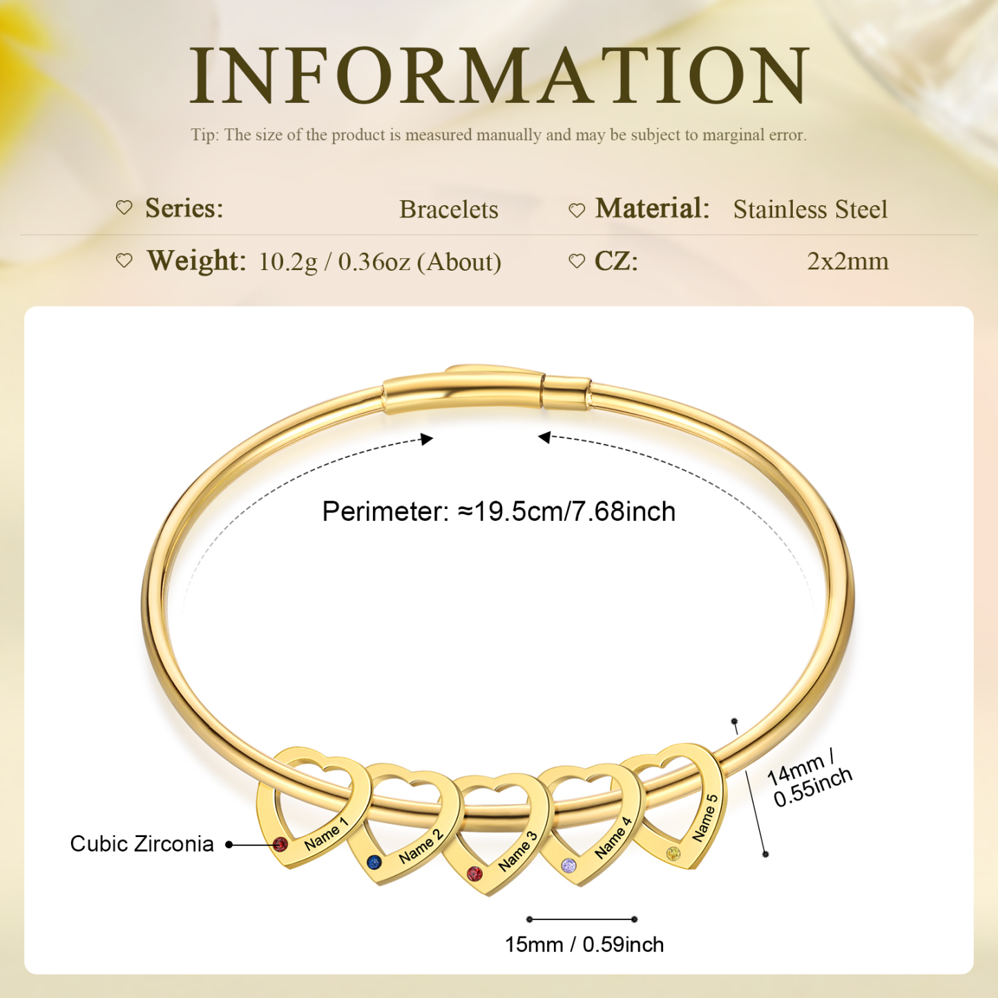 Personalised Heart Bracelet With 5 Birthstones Engraved Names Bracelet Gift For Women-Jessemade AU