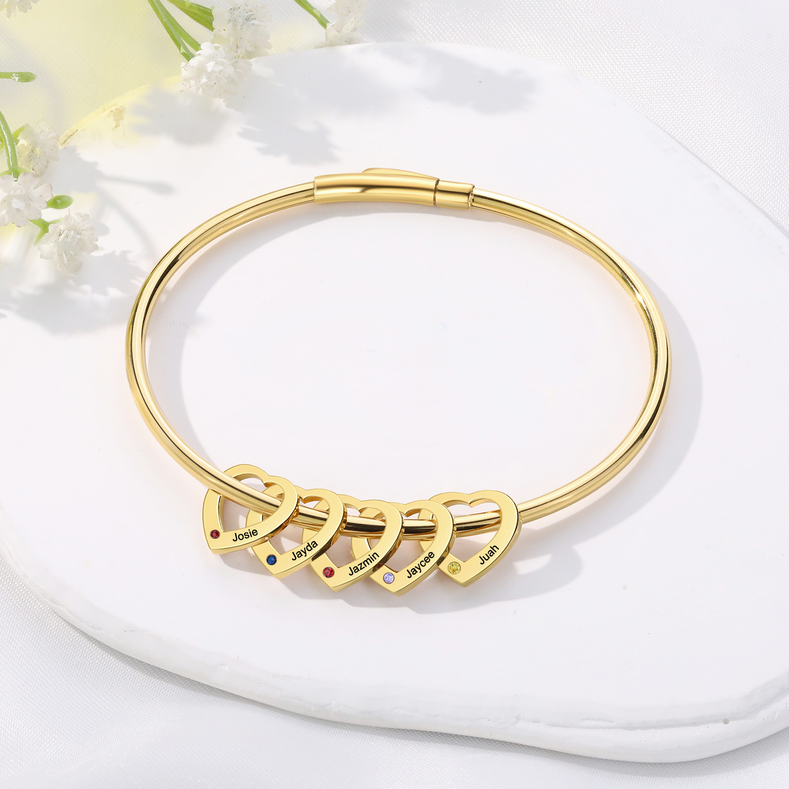 Personalised Heart Bracelet With 5 Birthstones Engraved Names Bracelet Gift For Women-Jessemade AU