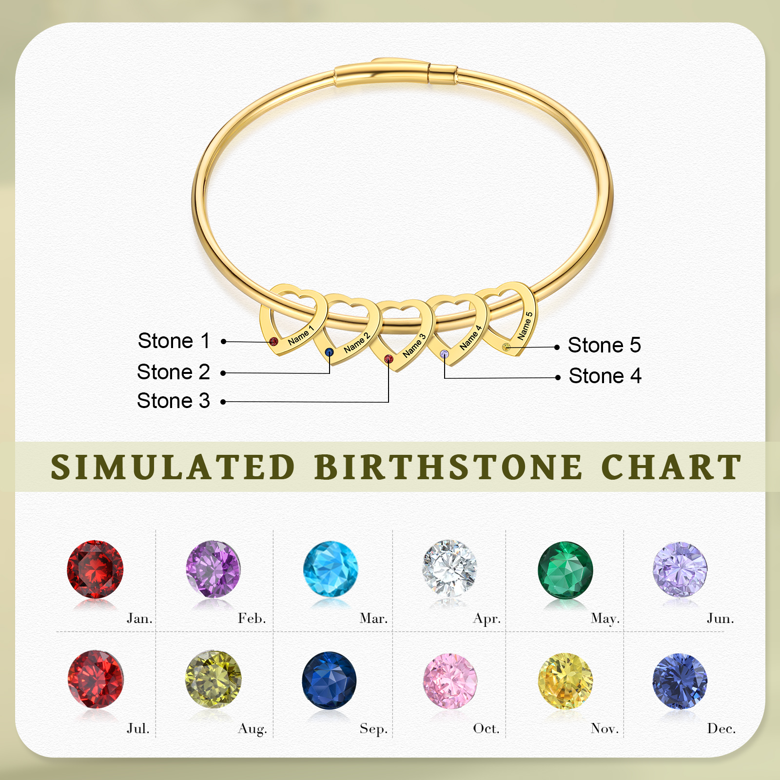Personalised Heart Bracelet With 5 Birthstones Engraved Names Bracelet Gift For Women-Jessemade AU