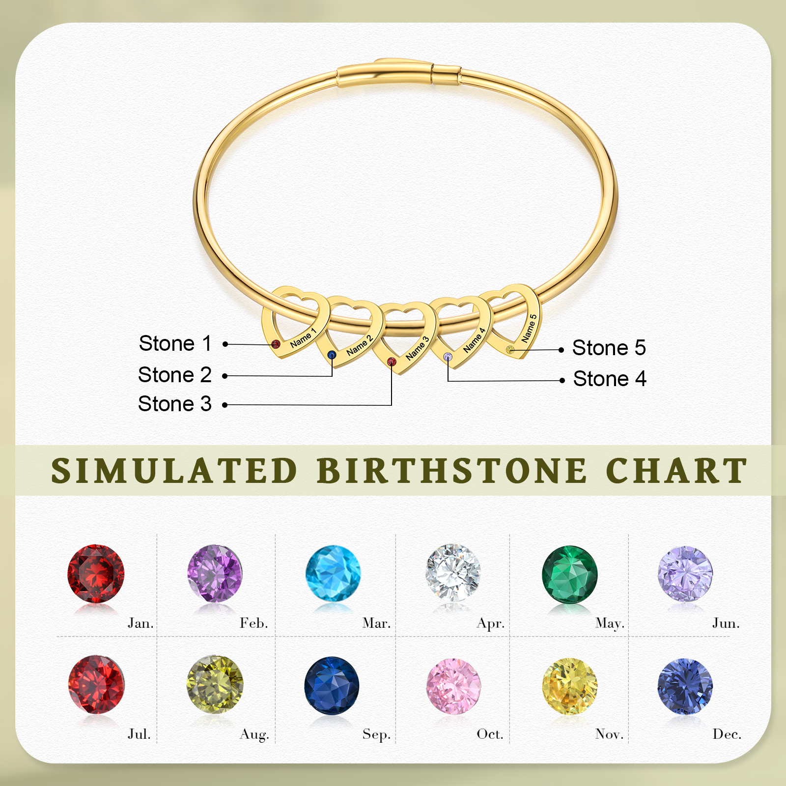 Personalised Heart Bracelet With 5 Birthstones Engraved Names Bracelet Gift For Women-Jessemade AU