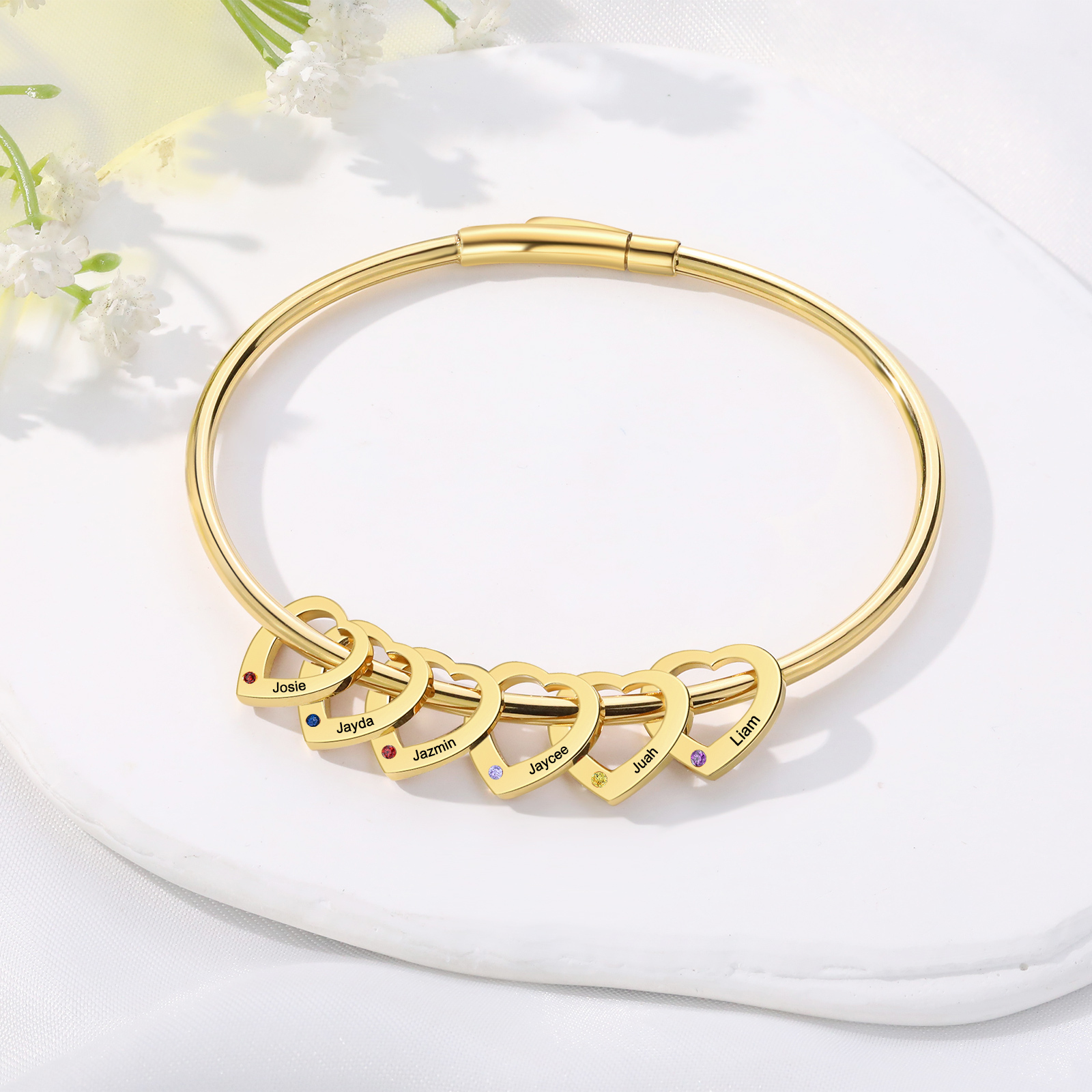 Personalised Heart Bracelet With 6 Birthstones Engraved Names Bracelet Gift For Women-Jessemade AU