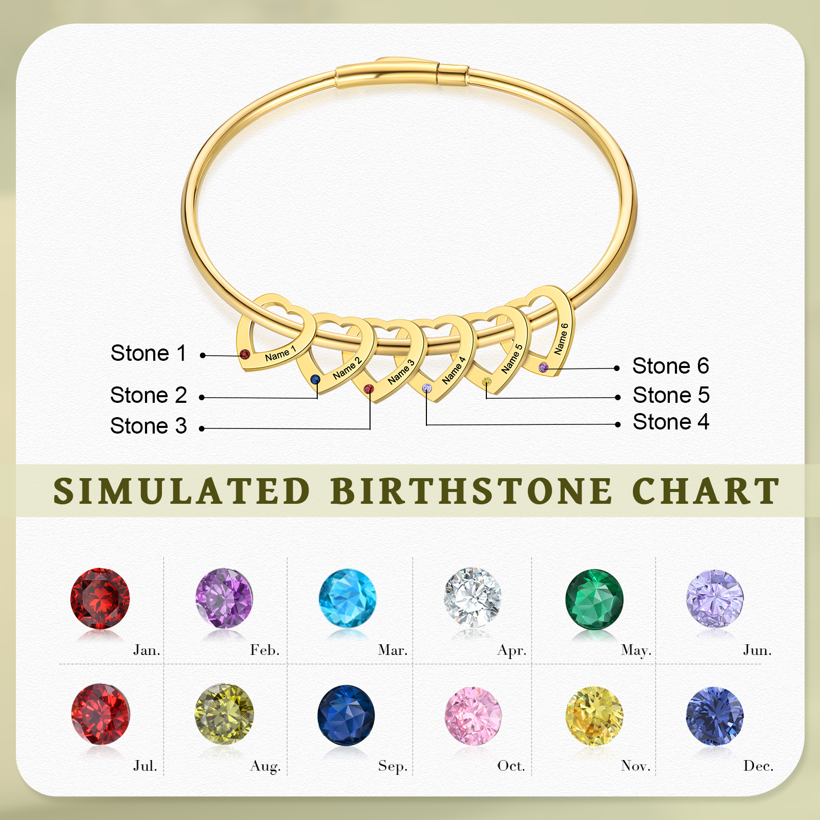 Personalised Heart Bracelet With 6 Birthstones Engraved Names Bracelet Gift For Women-Jessemade AU