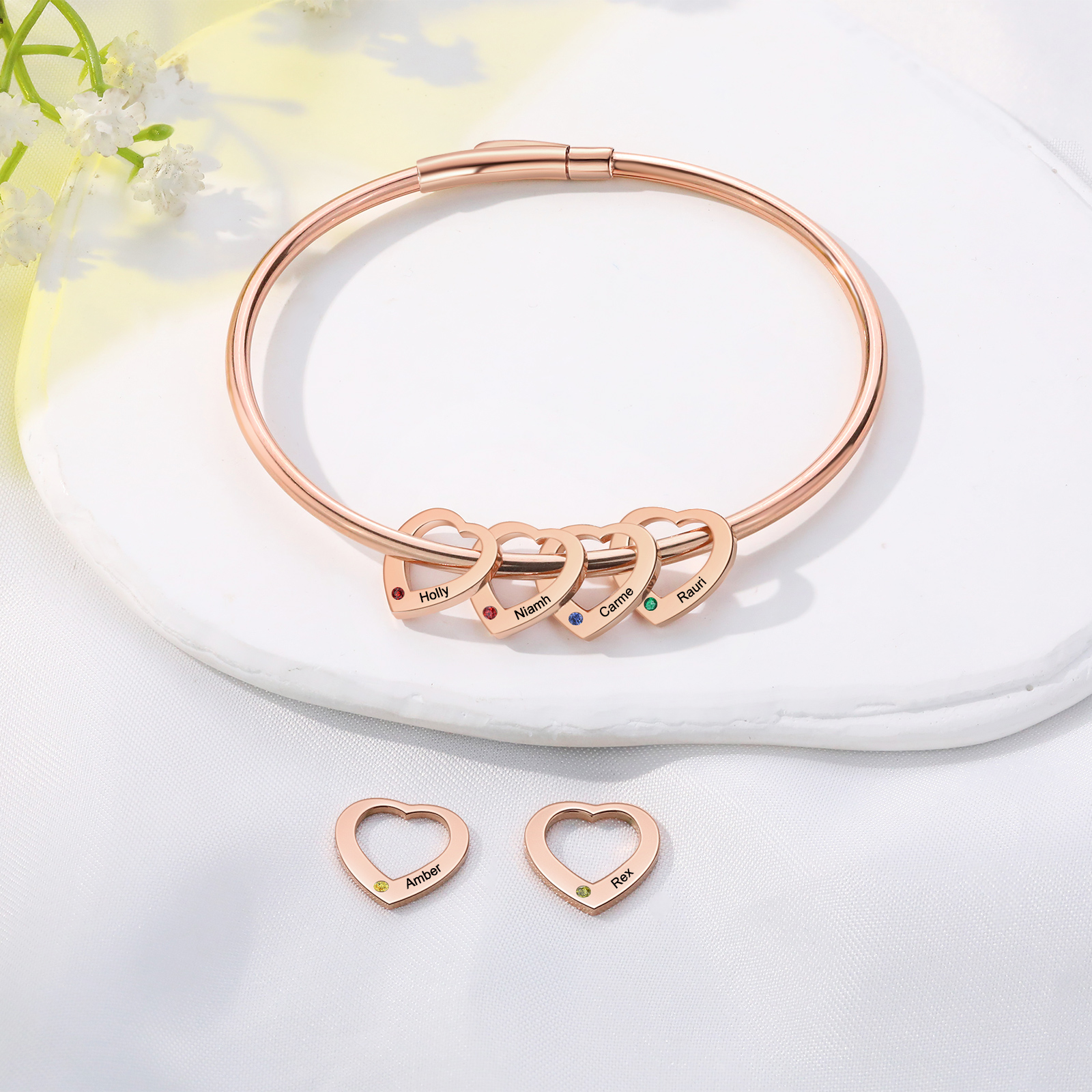 Personalised Heart Bracelet With 5 Birthstones Engraved Names Bracelet Gift For Women-Jessemade AU