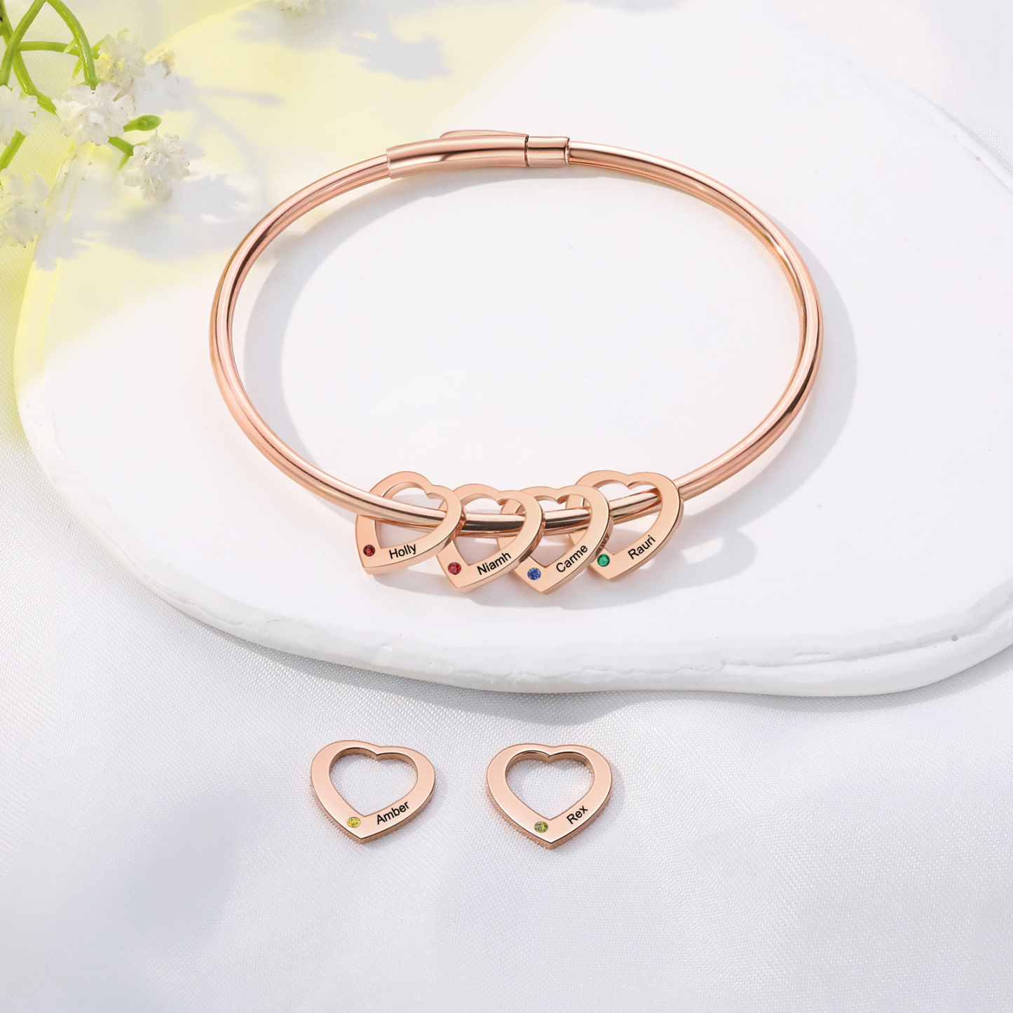 Personalised Heart Bracelet With 5 Birthstones Engraved Names Bracelet Gift For Women-Jessemade AU