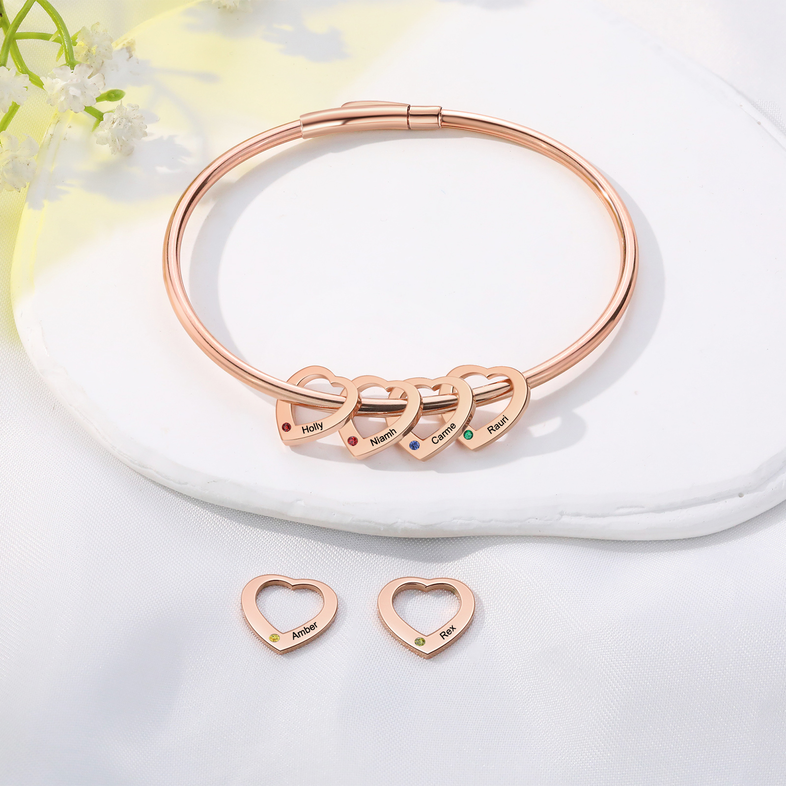 Personalised Heart Bracelet With 5 Birthstones Engraved Names Bracelet Gift For Women-Jessemade AU