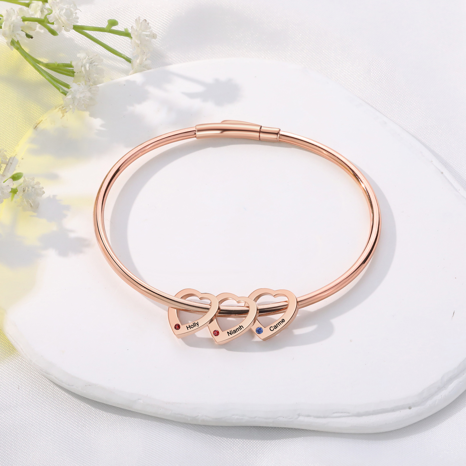 Personalised Heart Bracelet With 3 Birthstones Engraved Names Bracelet Gift For Women-Jessemade AU