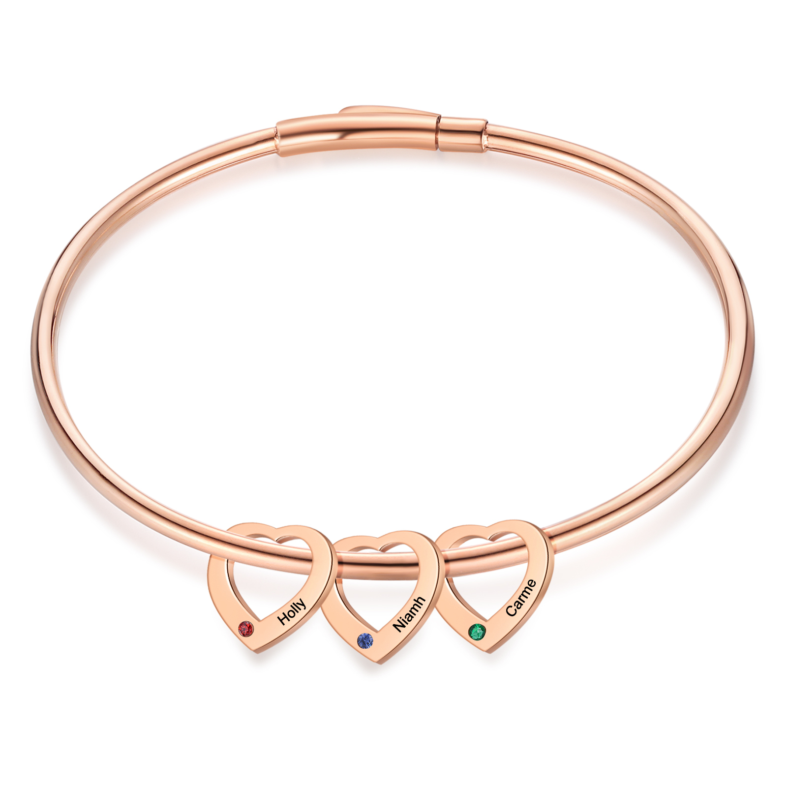 Personalised Heart Bracelet With 3 Birthstones Engraved Names Bracelet Gift For Women-Jessemade AU