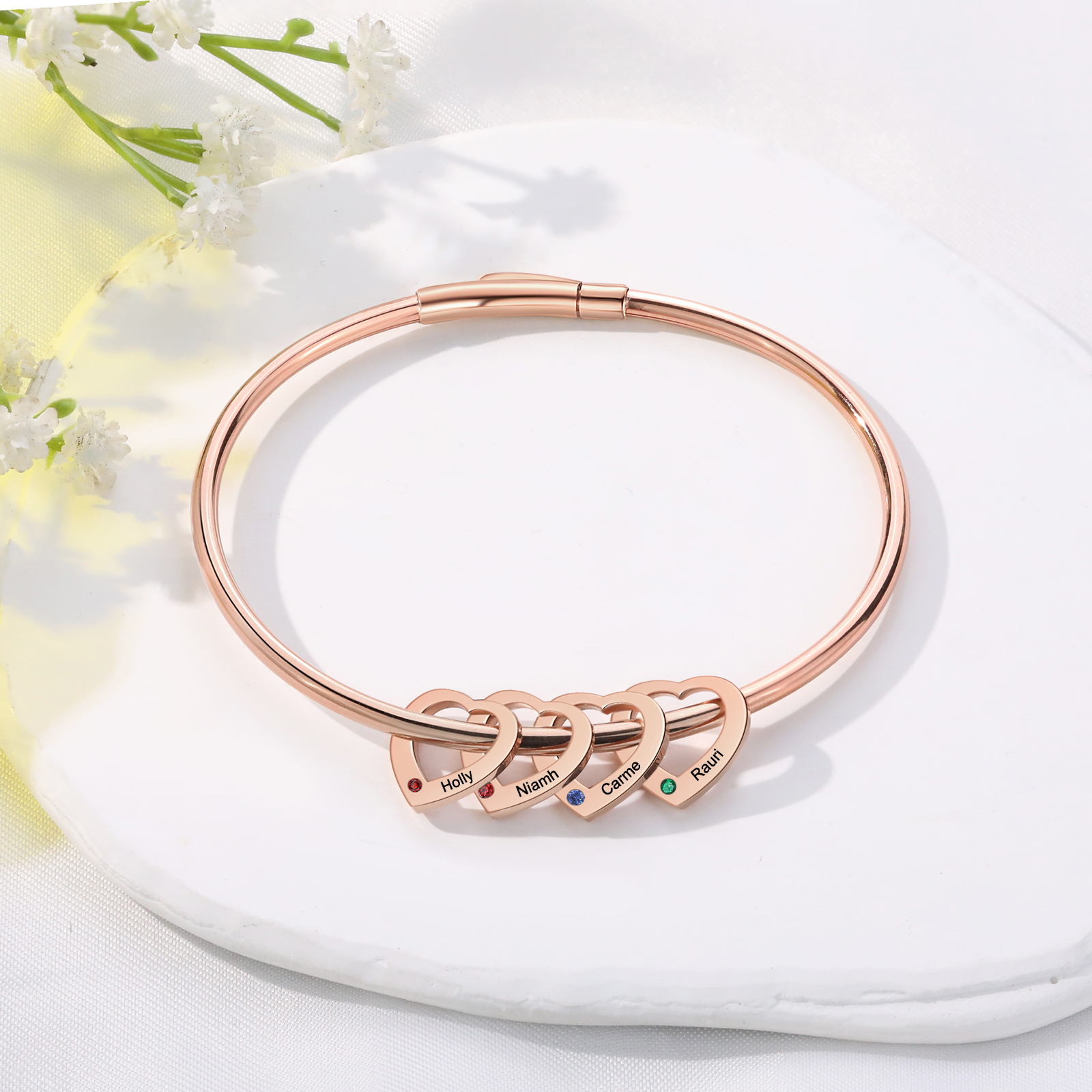 Personalised Heart Bracelet With 4 Birthstones Engraved Names Bracelet Gift For Women-Jessemade AU