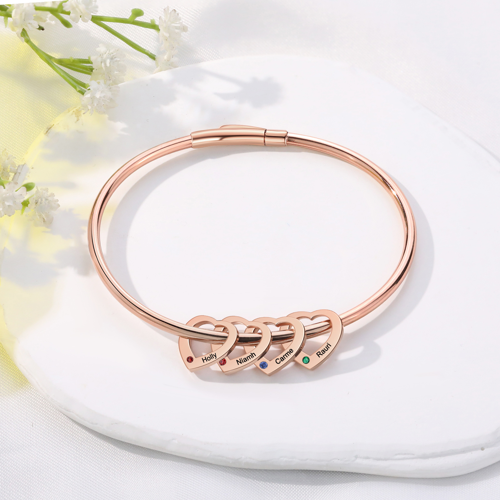Personalised Heart Bracelet With 4 Birthstones Engraved Names Bracelet Gift For Women-Jessemade AU