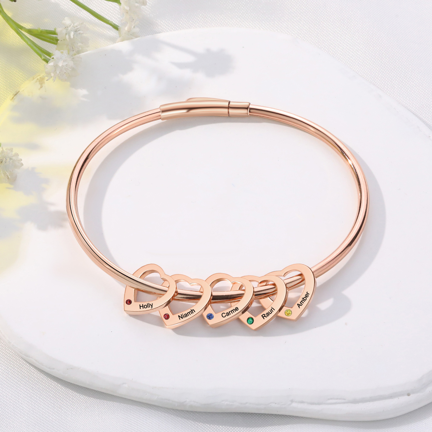 Personalised Heart Bracelet With 5 Birthstones Engraved Names Bracelet Gift For Women-Jessemade AU