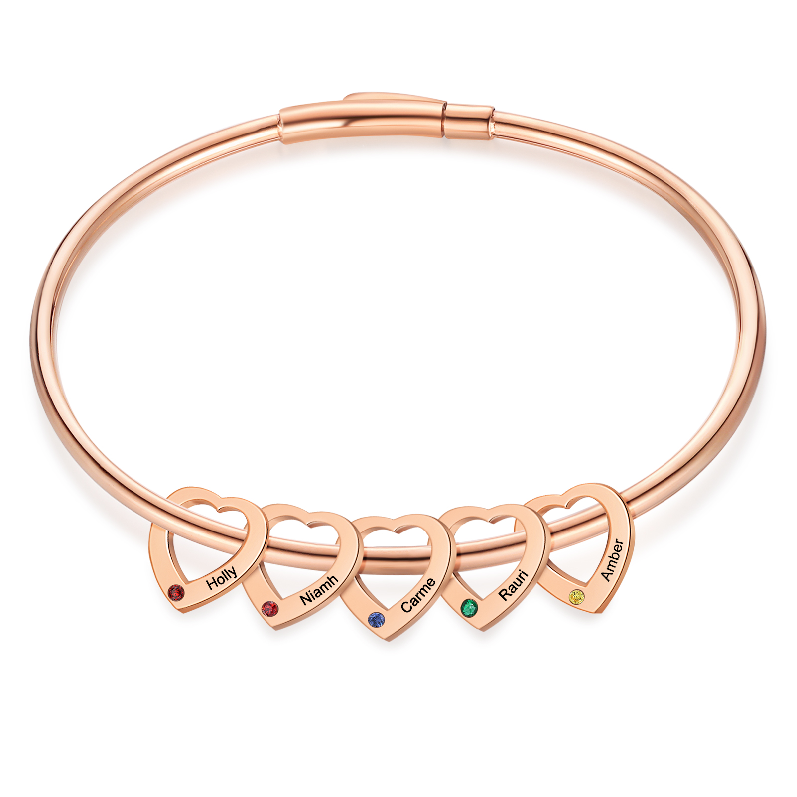 Personalised Heart Bracelet With 5 Birthstones Engraved Names Bracelet Gift For Women-Jessemade AU