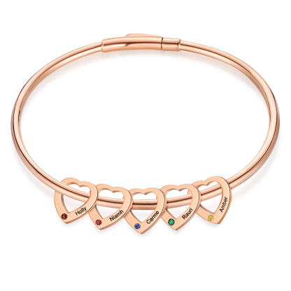 Personalised Heart Bracelet With 5 Birthstones Engraved Names Bracelet Gift For Women-Jessemade AU