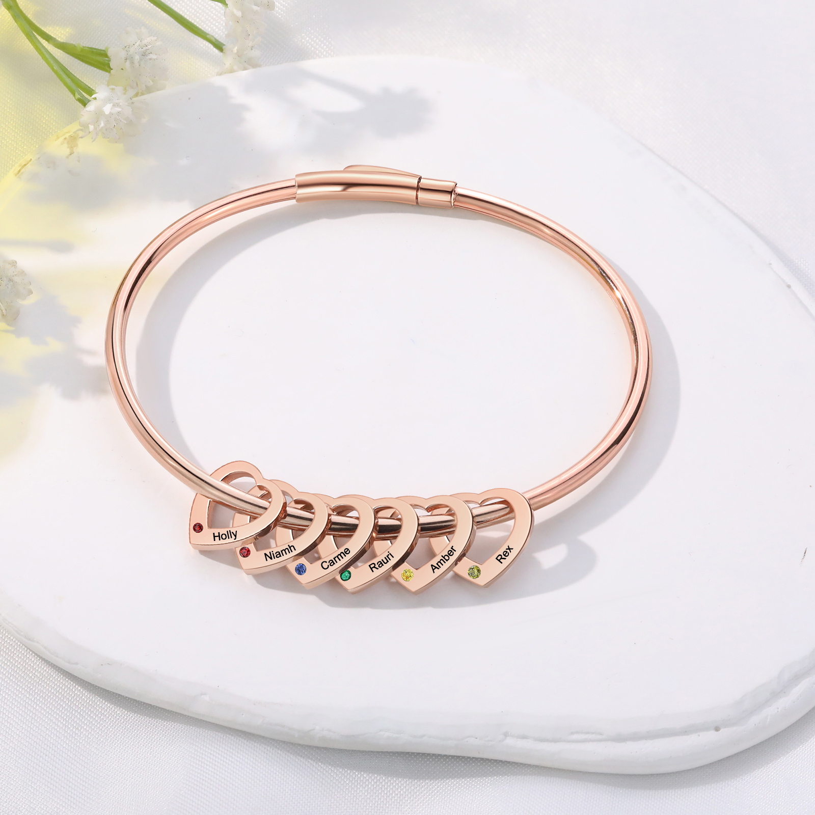 Personalised Heart Bracelet With 6 Birthstones Engraved Names Bracelet Gift For Women-Jessemade AU