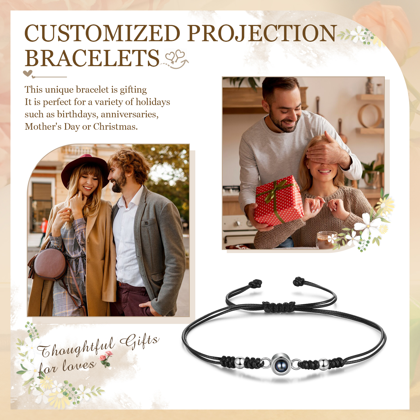 [Copy]Personalised Projection Bracelet for Couples Custom Photo Bead Adjustable Bracelet 4 Styles Thoughtful Gift for Loved Ones