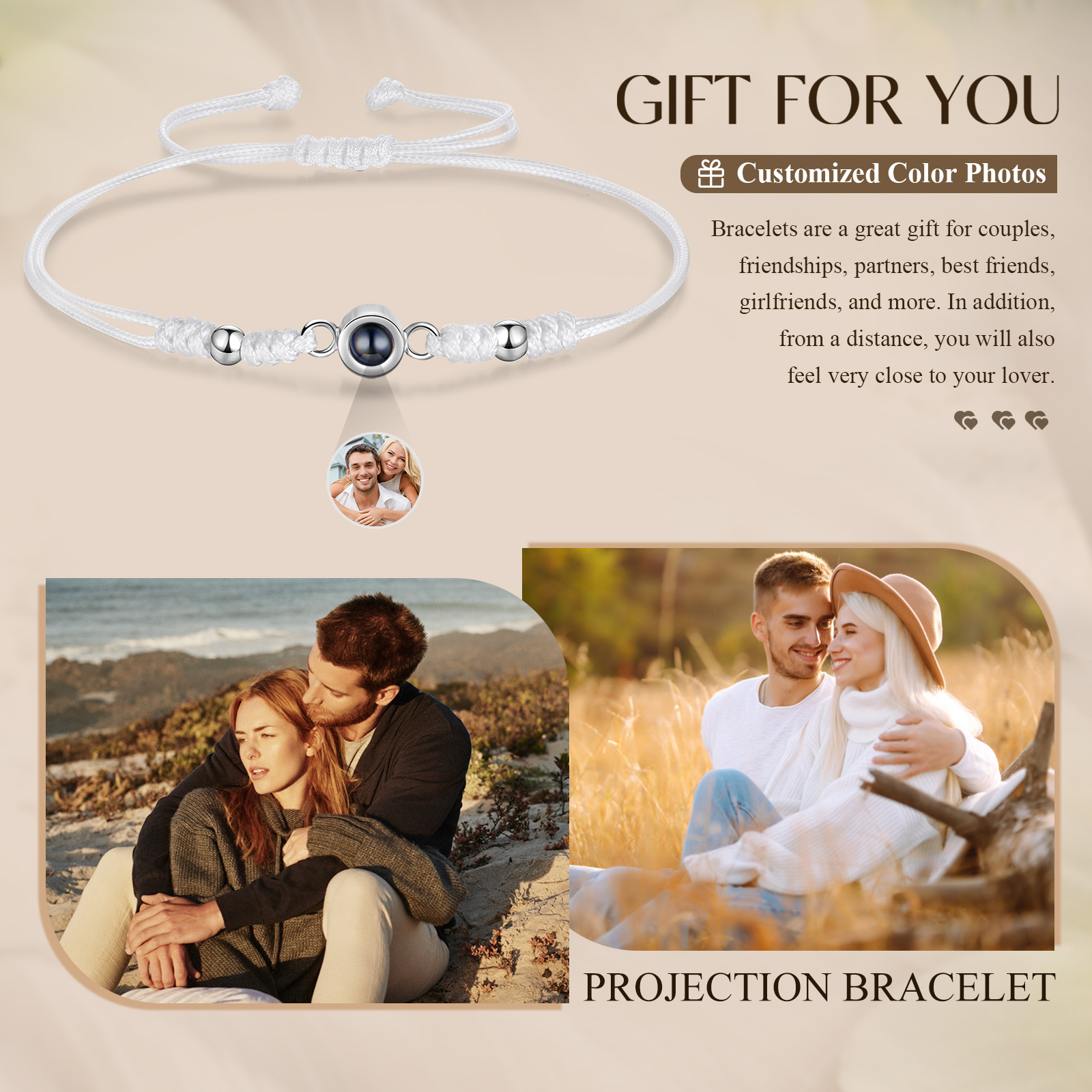 Personalised Projection Bracelet for Couples Custom Photo & Adjustable Leather Bracelet Available in Black White or Two-Piece Set