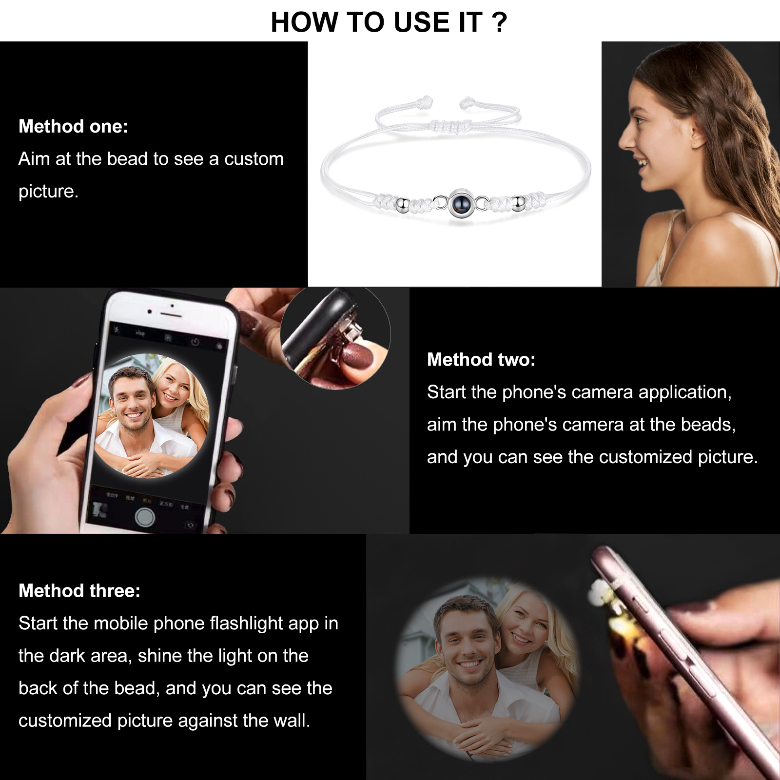 Personalised Projection Bracelet for Couples Custom Photo & Adjustable Leather Bracelet Available in Black White or Two-Piece Set