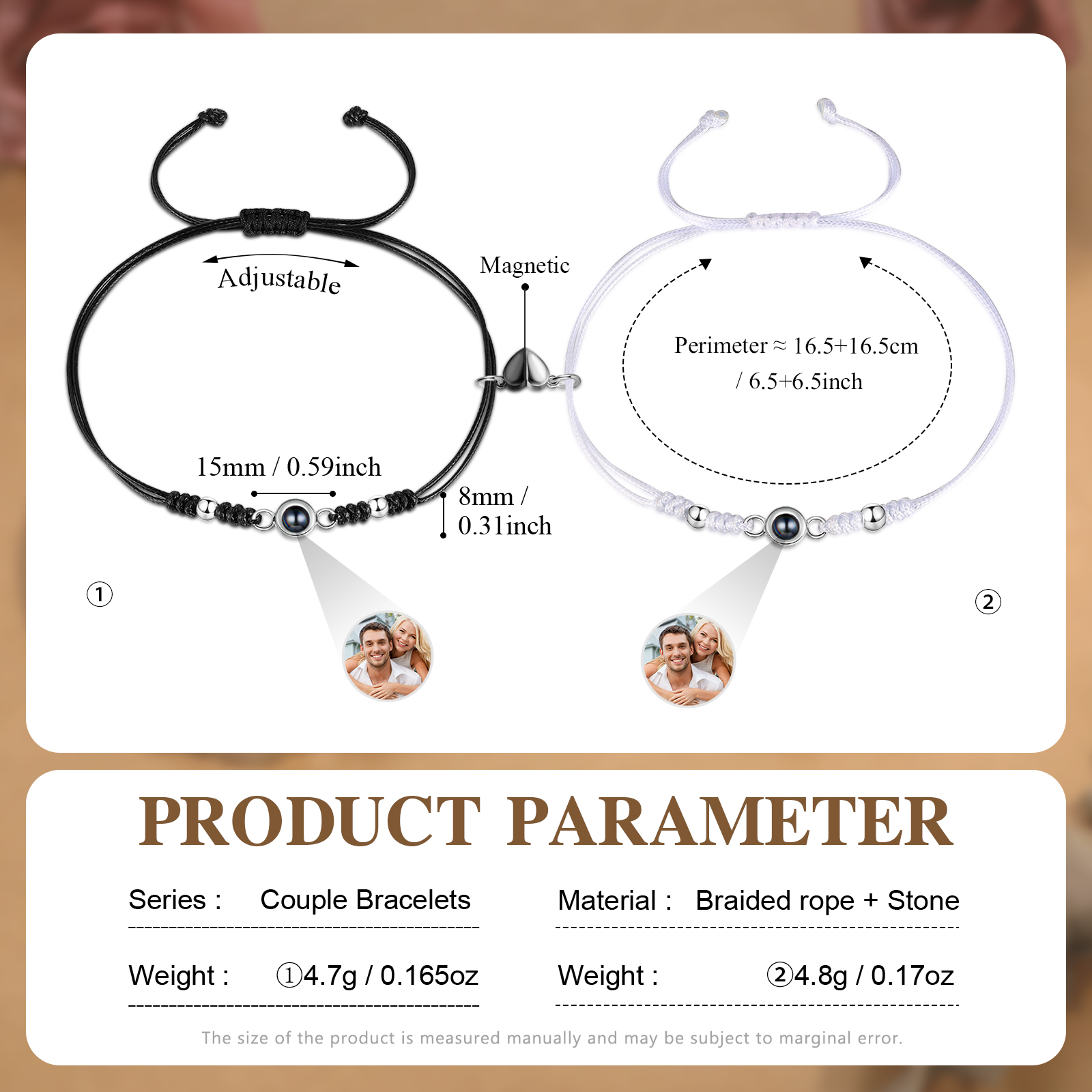Personalised Projection Bracelet for Couples Custom Photo & Adjustable Leather Bracelet Available in Black White or Two-Piece Set