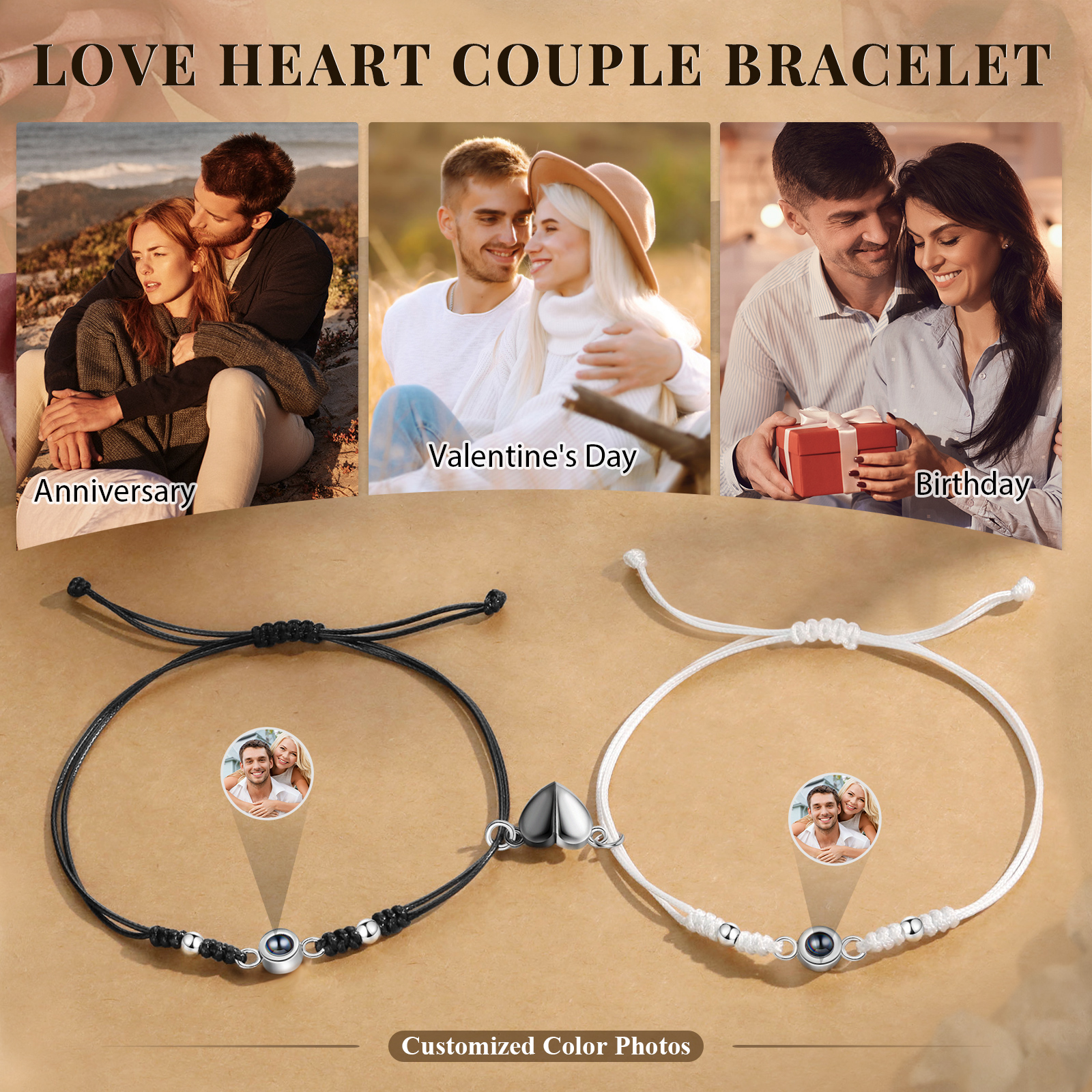 Personalised Projection Bracelet for Couples Custom Photo & Adjustable Leather Bracelet Available in Black White or Two-Piece Set