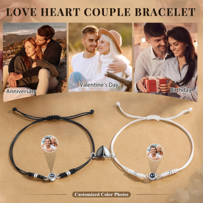 Personalised Projection Bracelet for Couples Custom Photo & Adjustable Leather Bracelet Available in Black White or Two-Piece Set